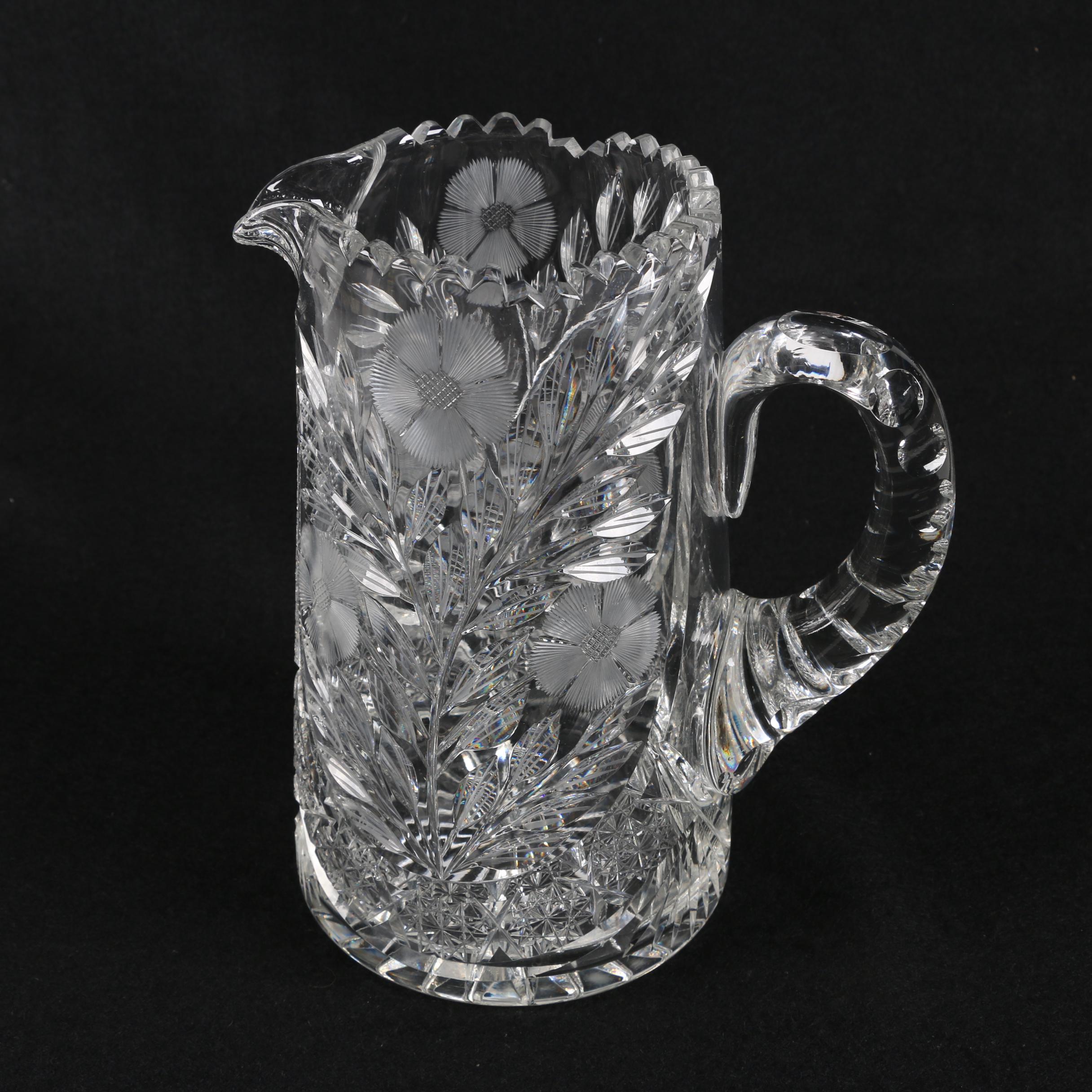 American Brilliant Period Cut Glass Floral Pitcher with Tumblers