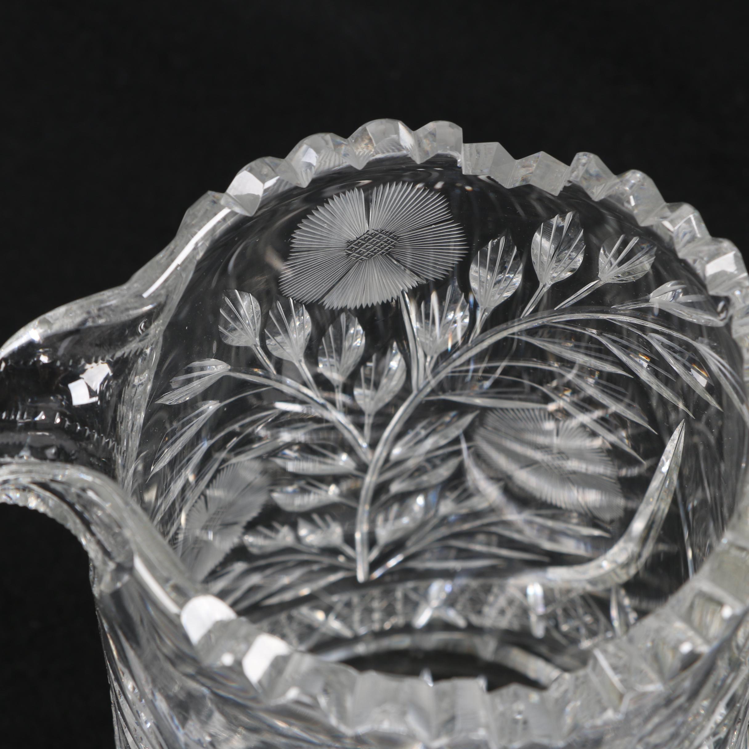 American Brilliant Period Cut Glass Floral Pitcher with Tumblers