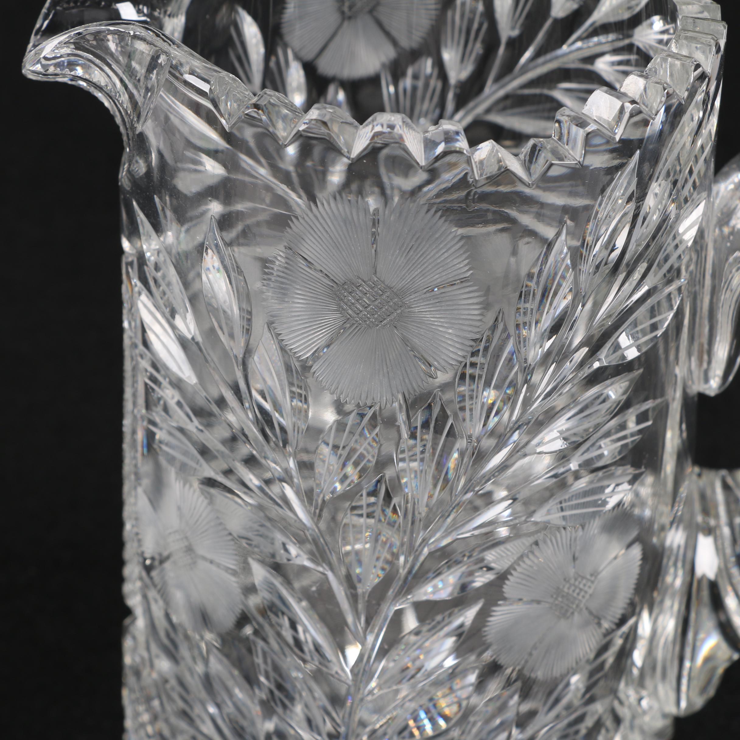 American Brilliant Period Cut Glass Floral Pitcher with Tumblers