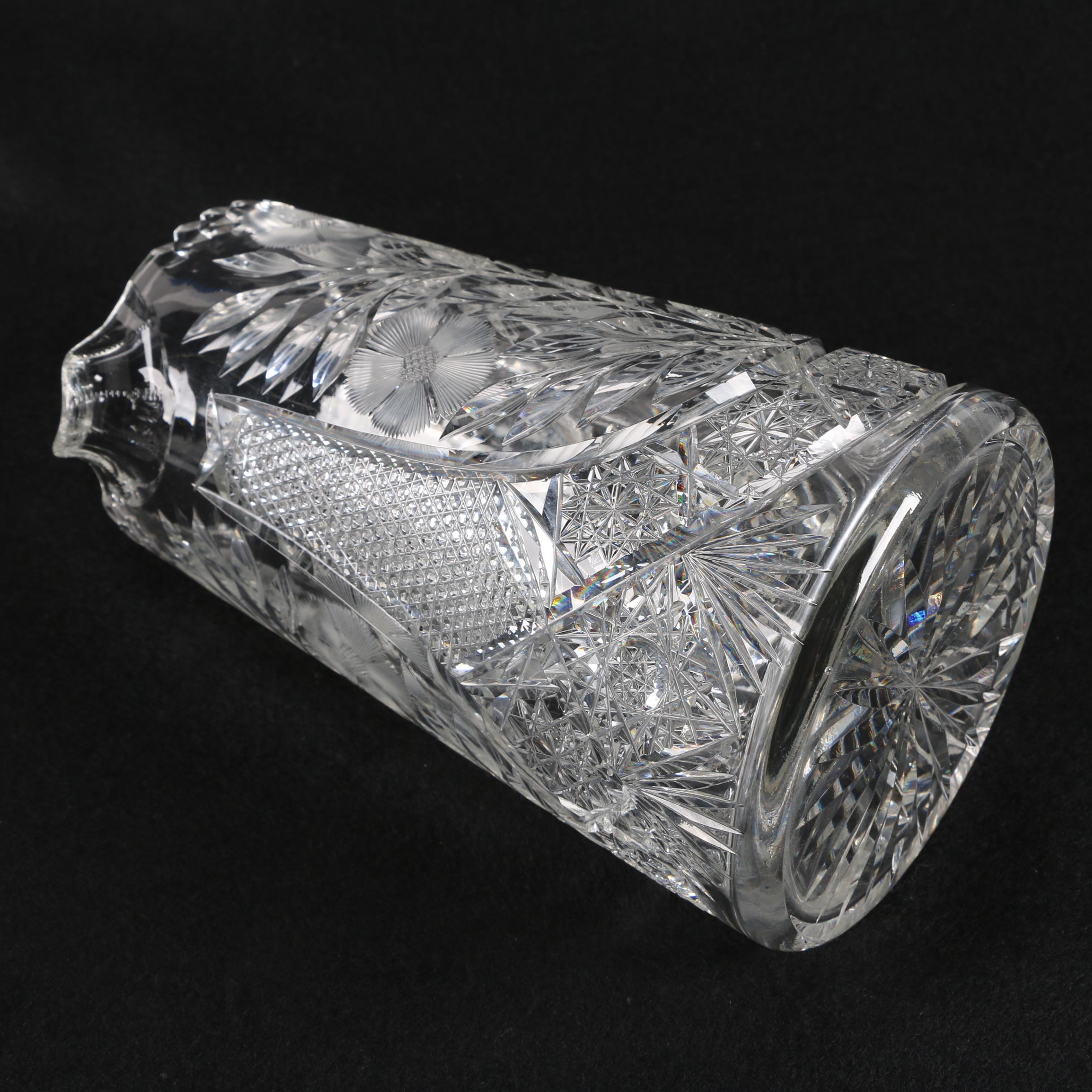 American Brilliant Period Cut Glass Floral Pitcher with Tumblers