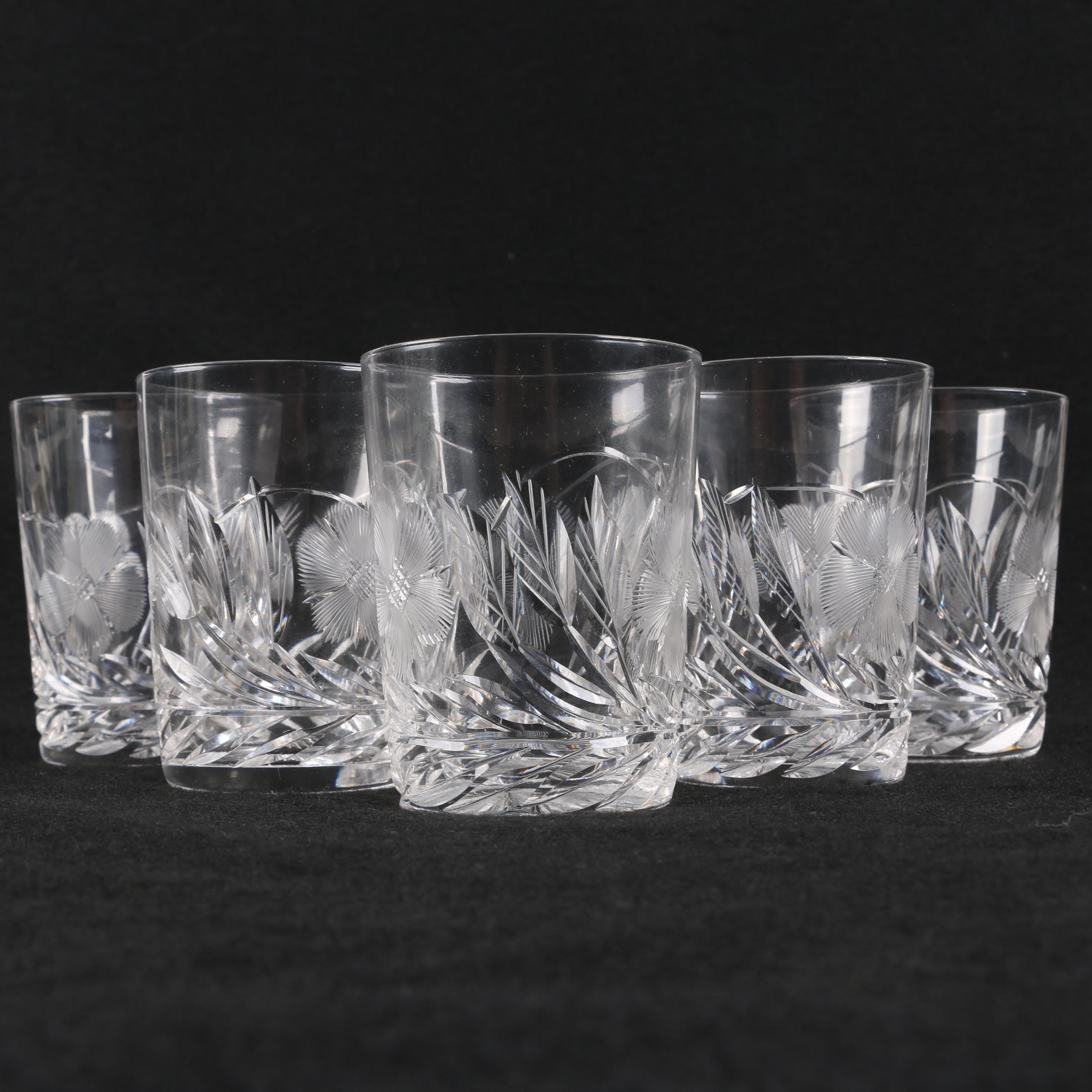 American Brilliant Period Cut Glass Floral Pitcher with Tumblers