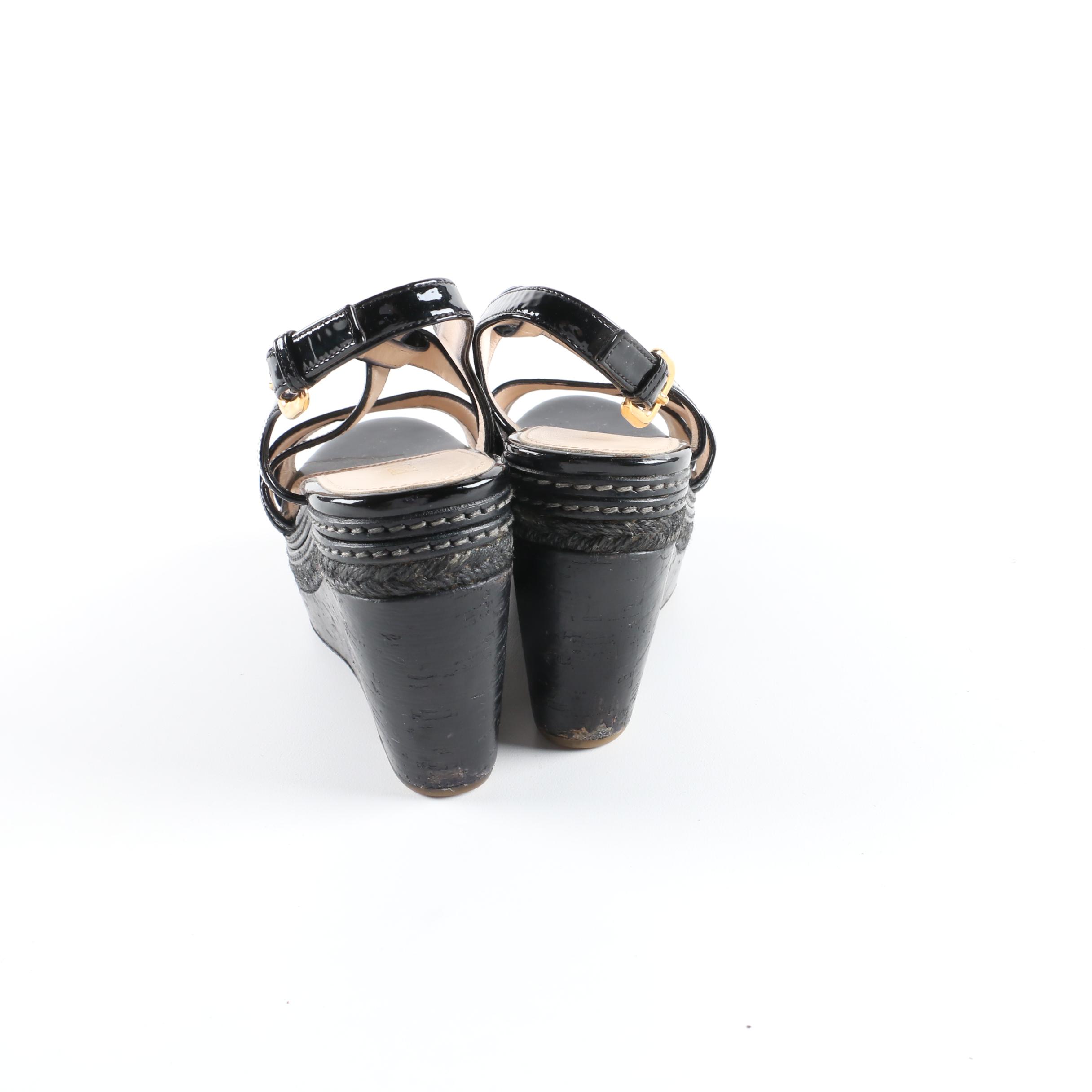 Prada Black Patent Leather Wedge Sandals