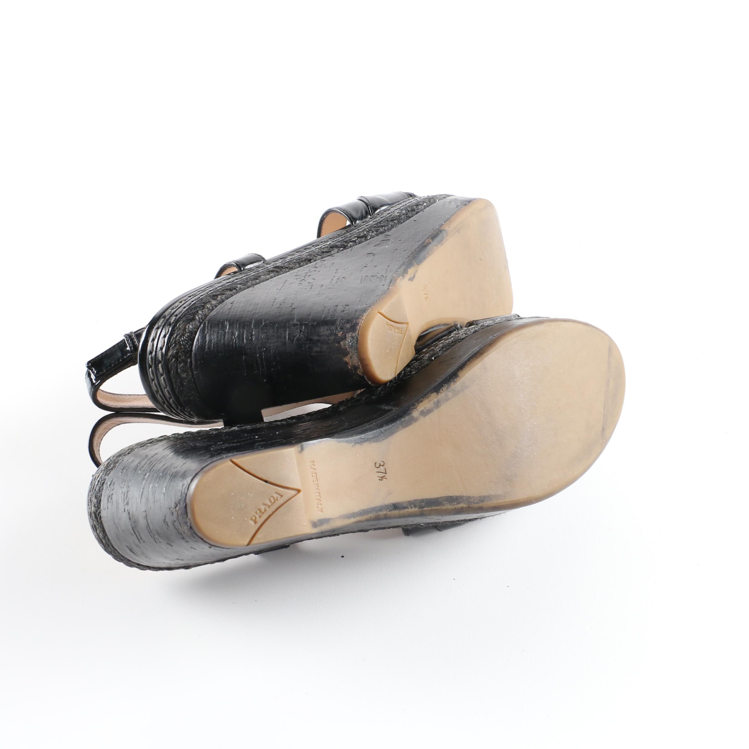 Prada Black Patent Leather Wedge Sandals