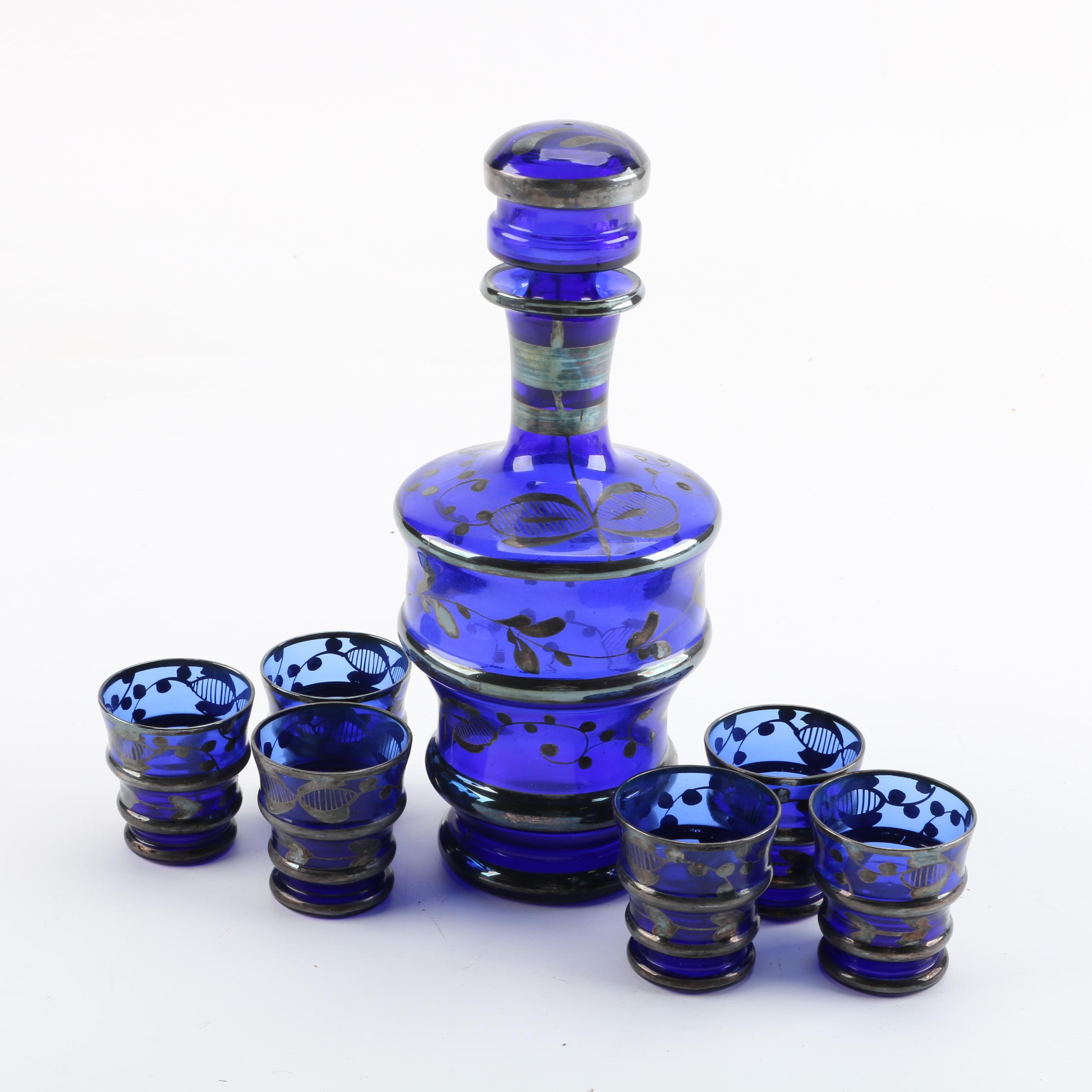 Silver Overlay Cobalt Glass Decanter and Glasses