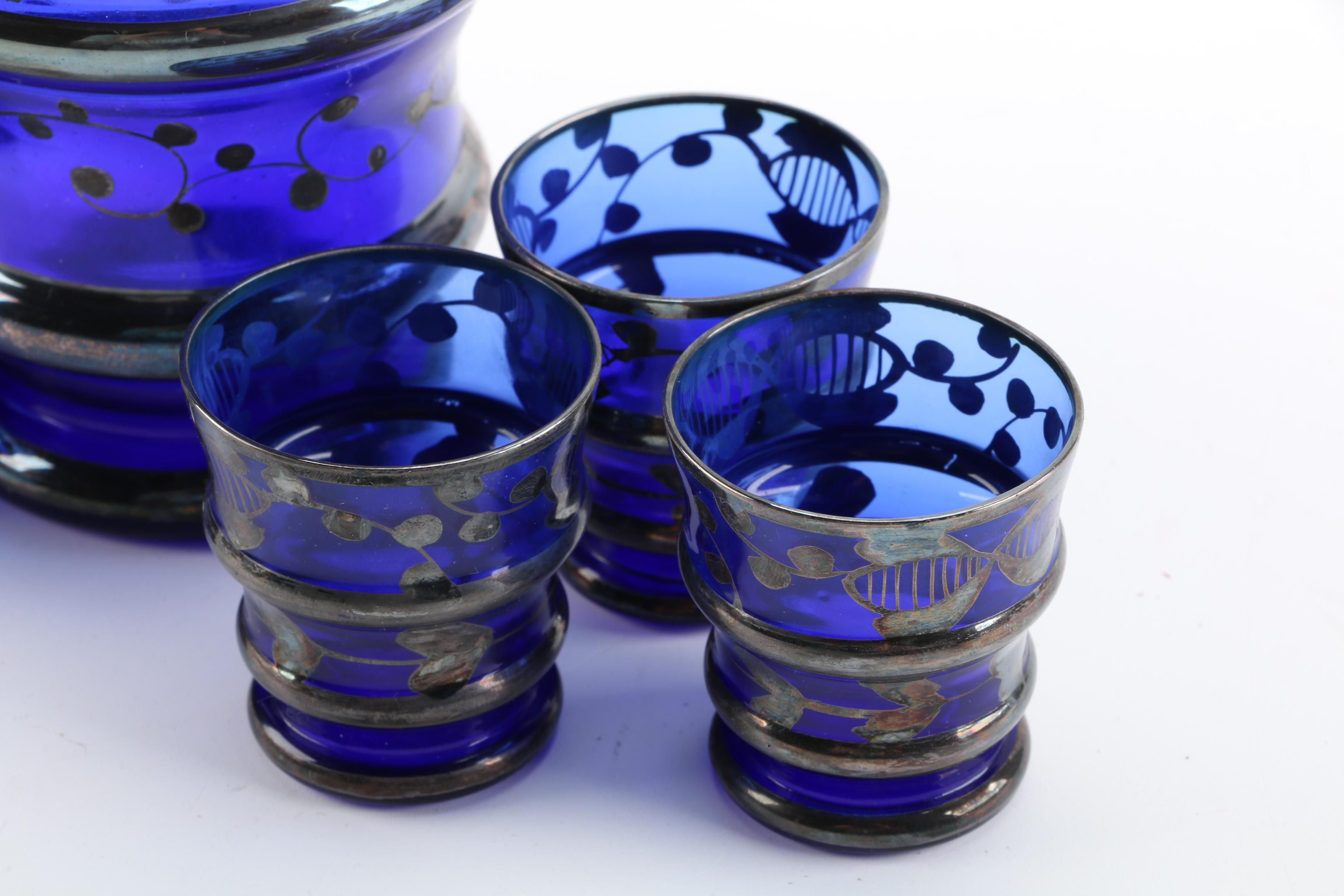 Silver Overlay Cobalt Glass Decanter and Glasses