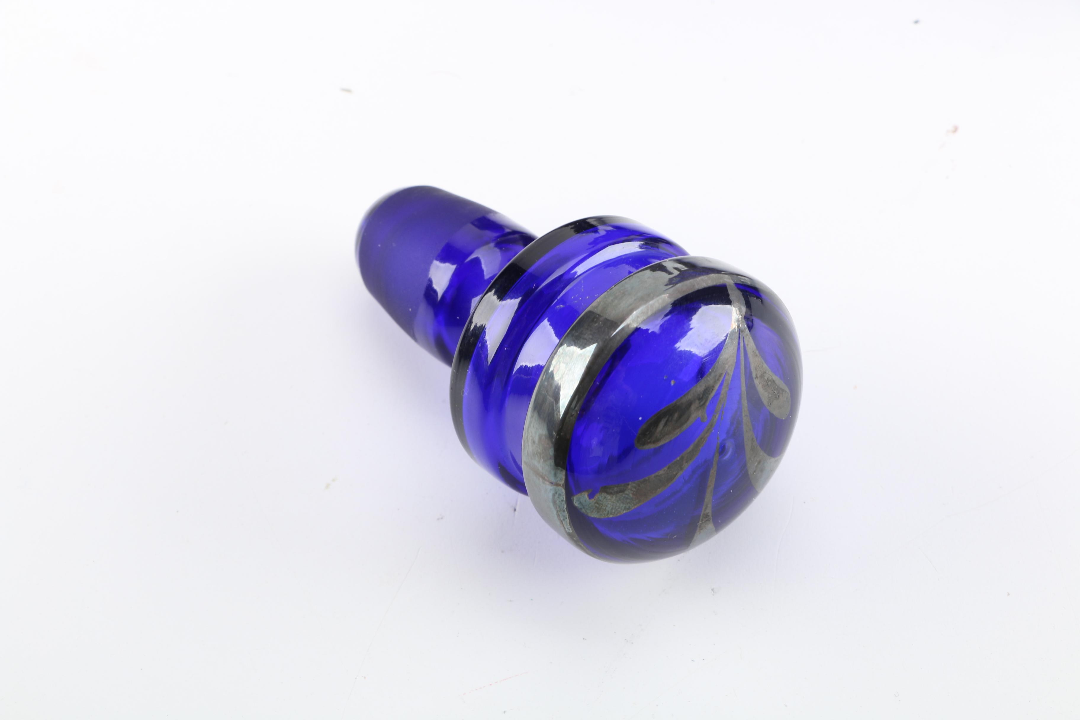 Silver Overlay Cobalt Glass Decanter and Glasses