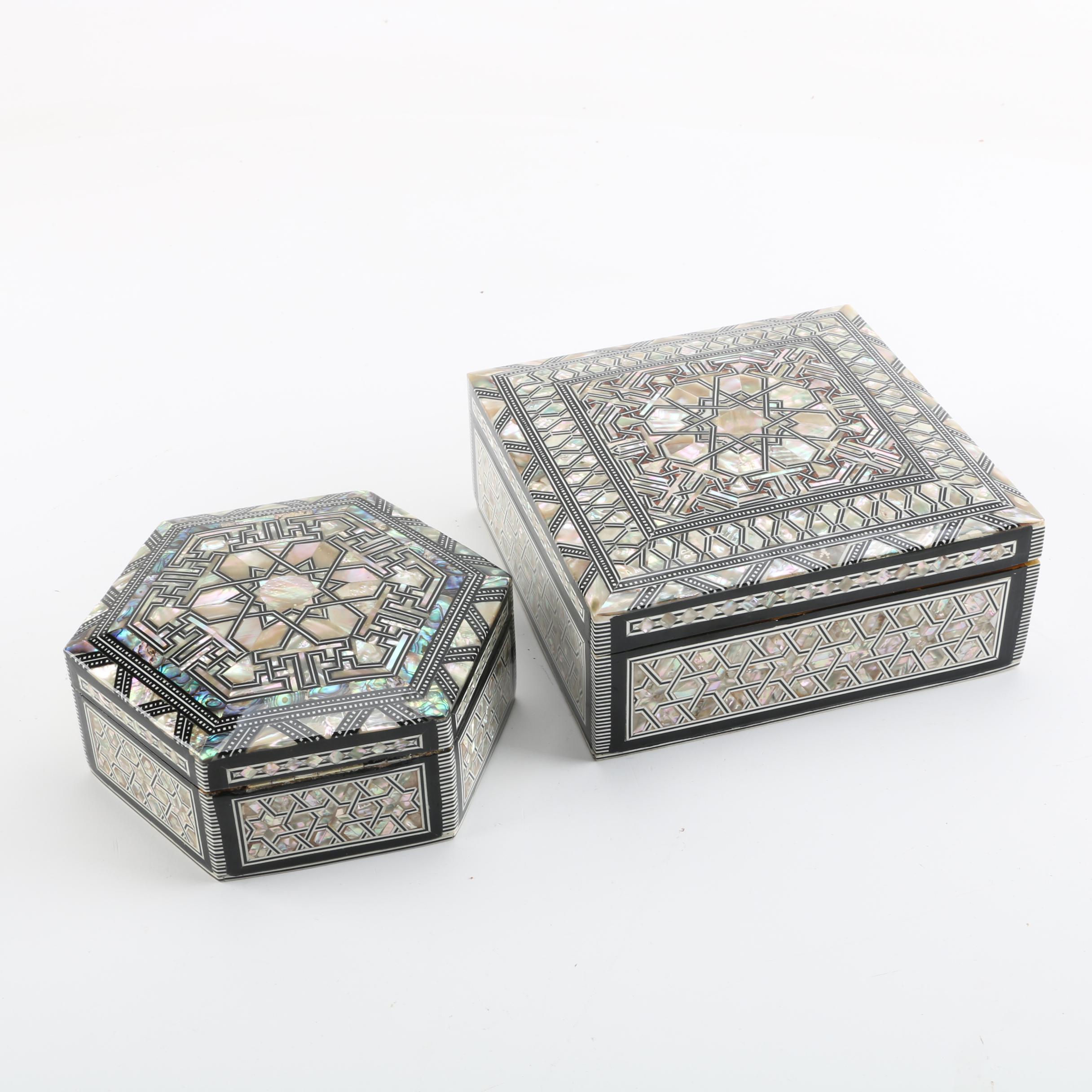 Mother of Pearl and Abalone Inlaid Jewelry Boxes and Pendant