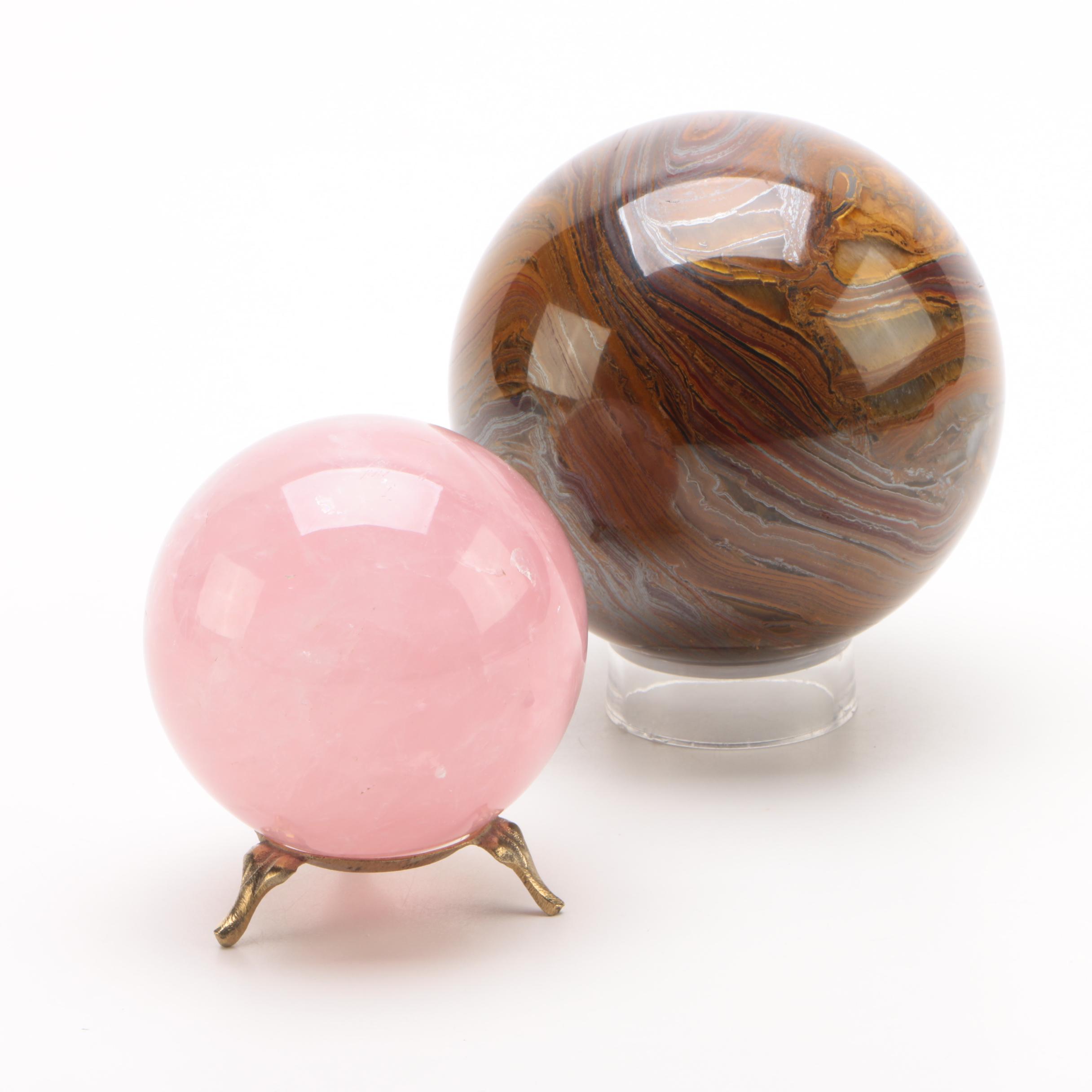 Polished Rose Quartz and Banded Iron Formation Spheres with Stands