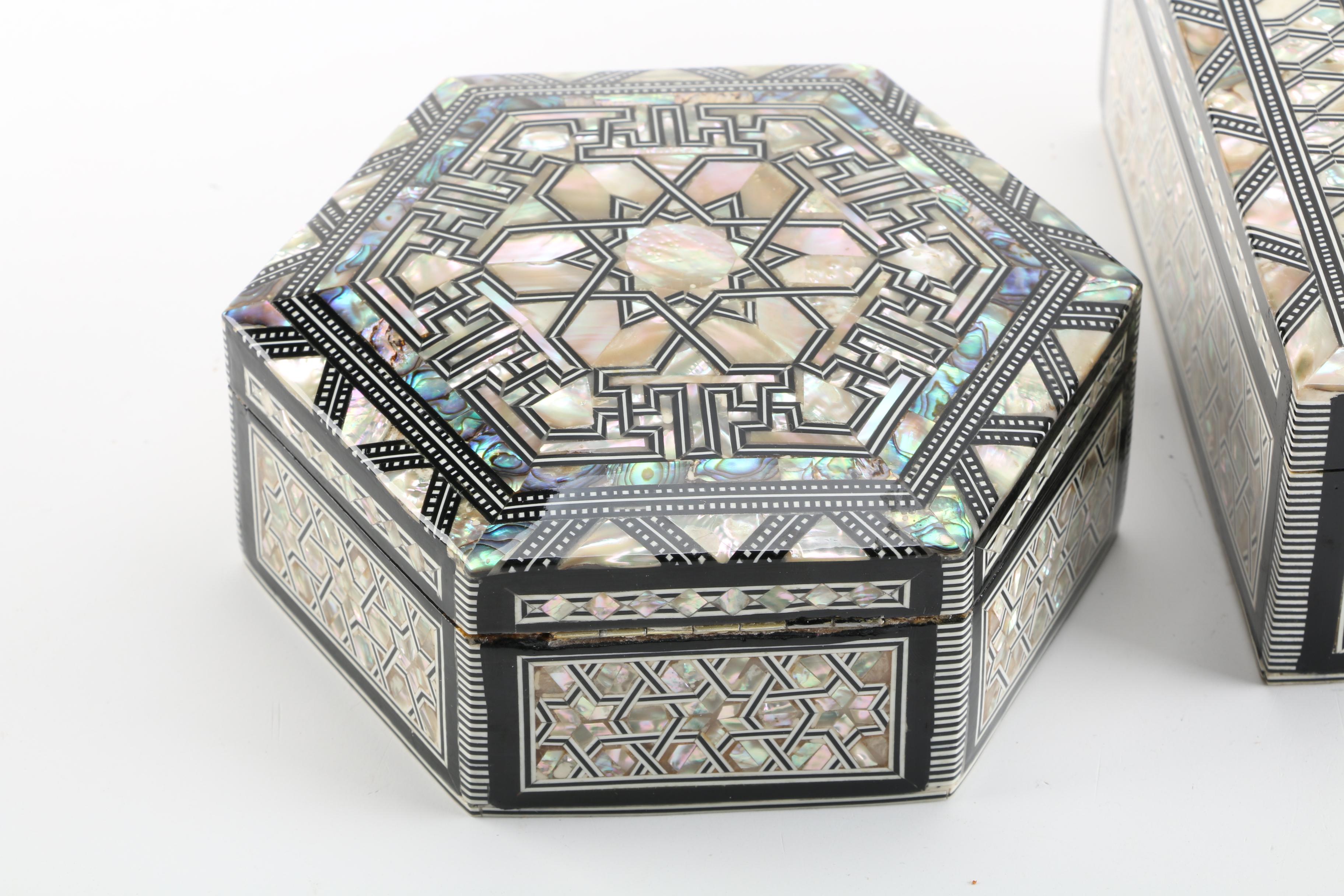 Mother of Pearl and Abalone Inlaid Jewelry Boxes and Pendant