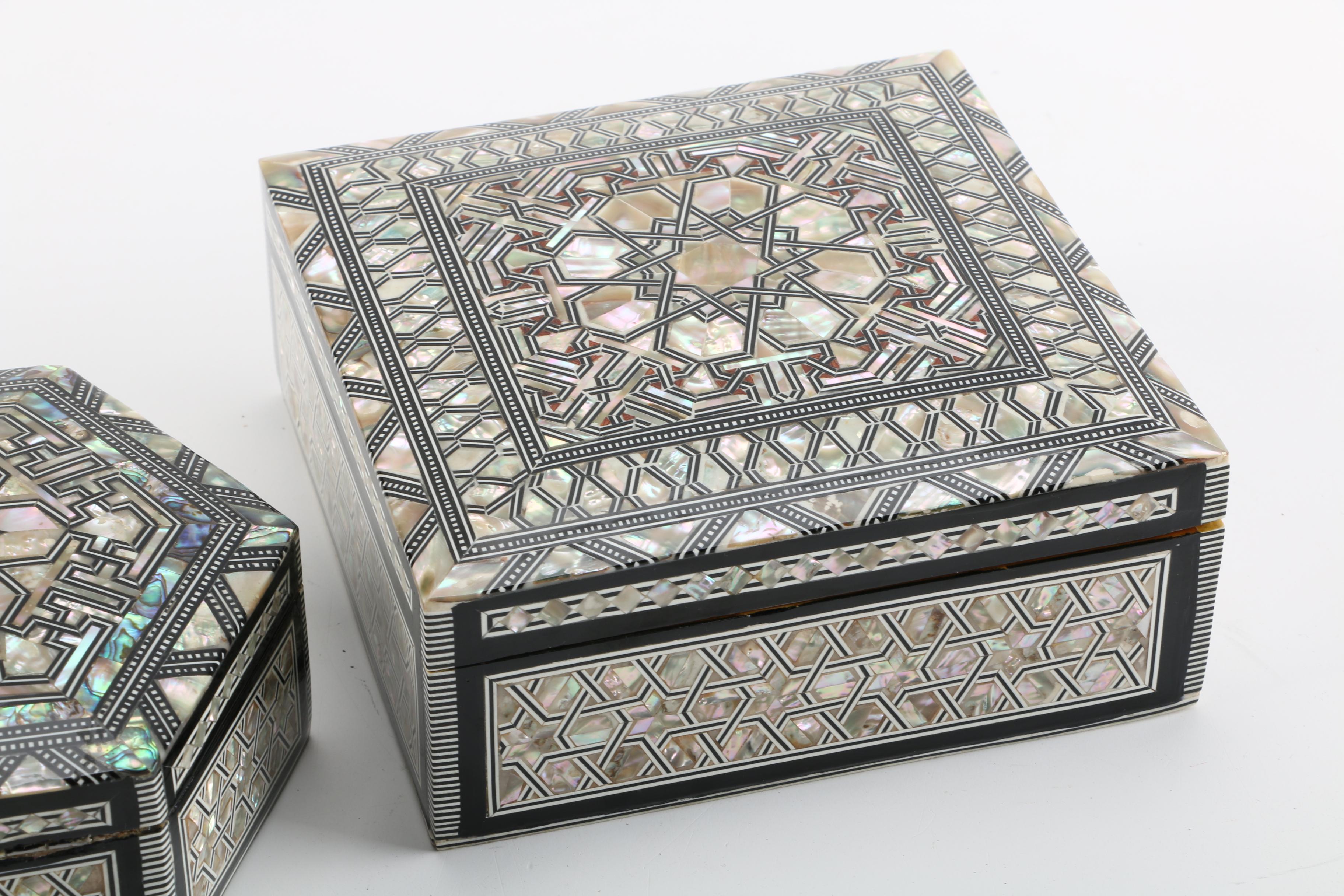 Mother of Pearl and Abalone Inlaid Jewelry Boxes and Pendant