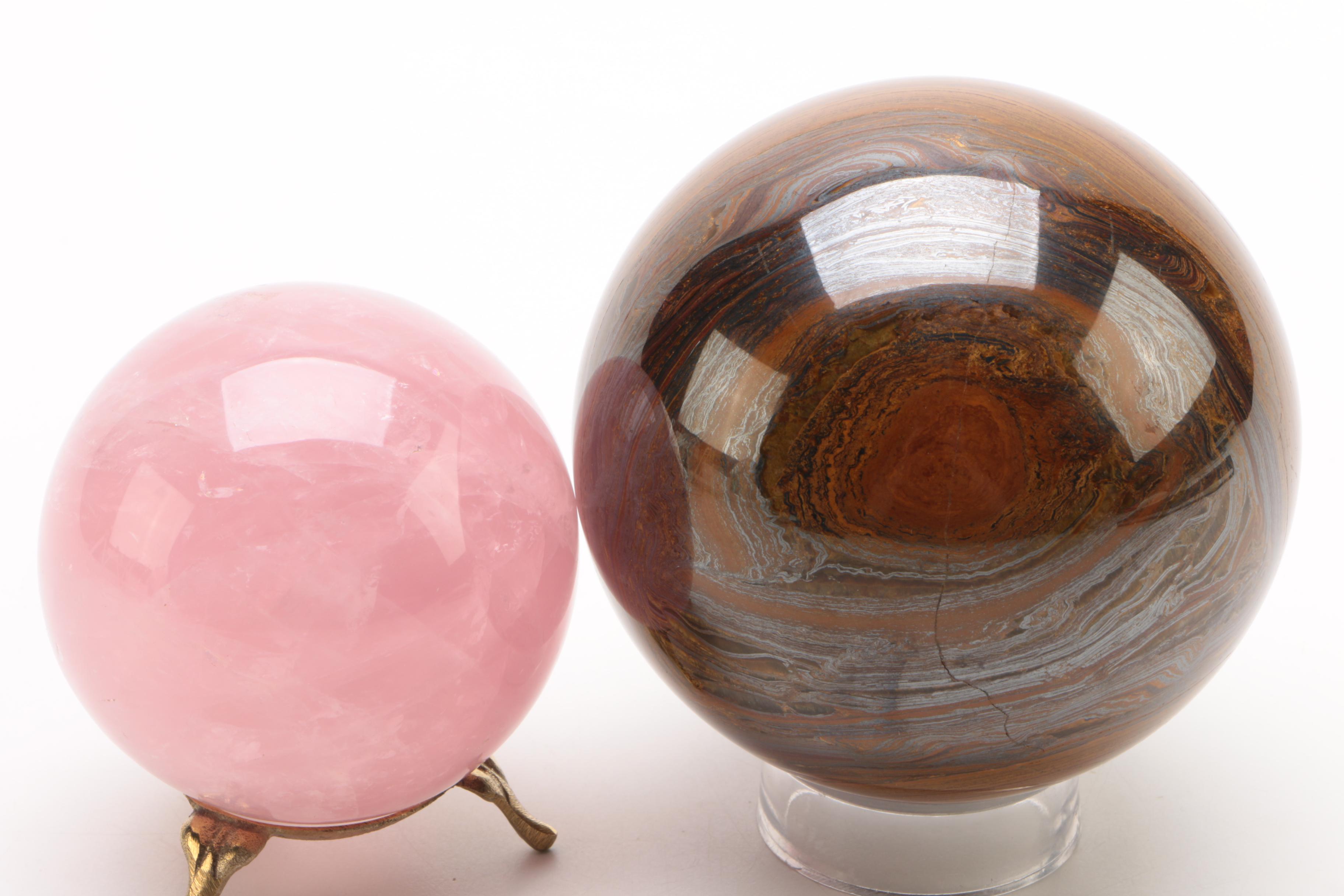 Polished Rose Quartz and Banded Iron Formation Spheres with Stands