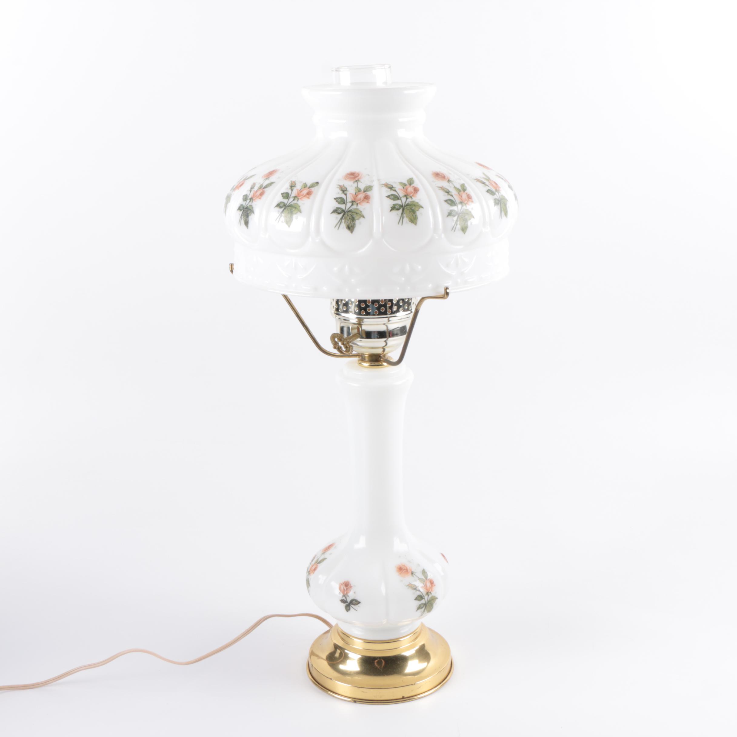 Vintage Milk Glass Printed Floral Motif Table Lamp