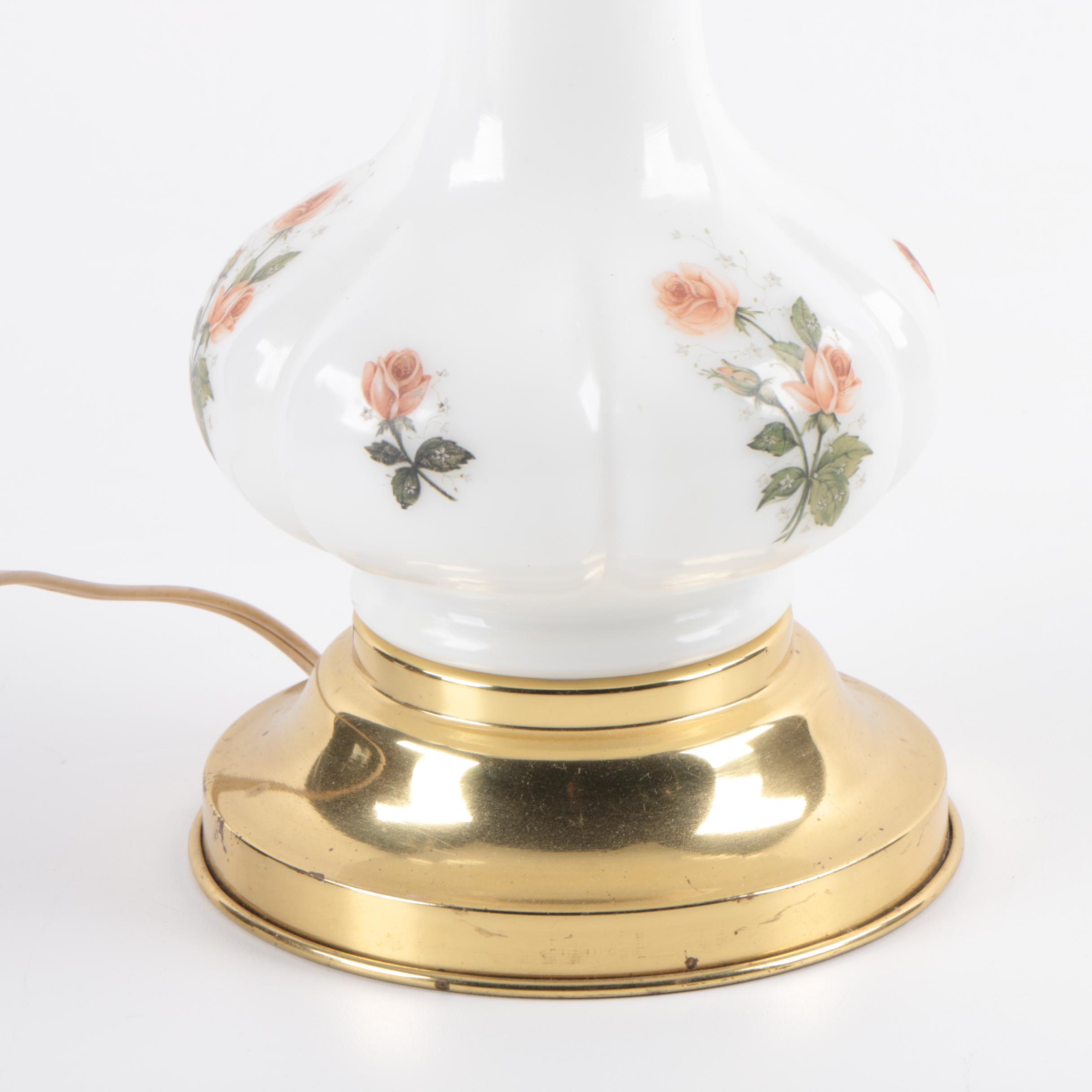 Vintage Milk Glass Printed Floral Motif Table Lamp