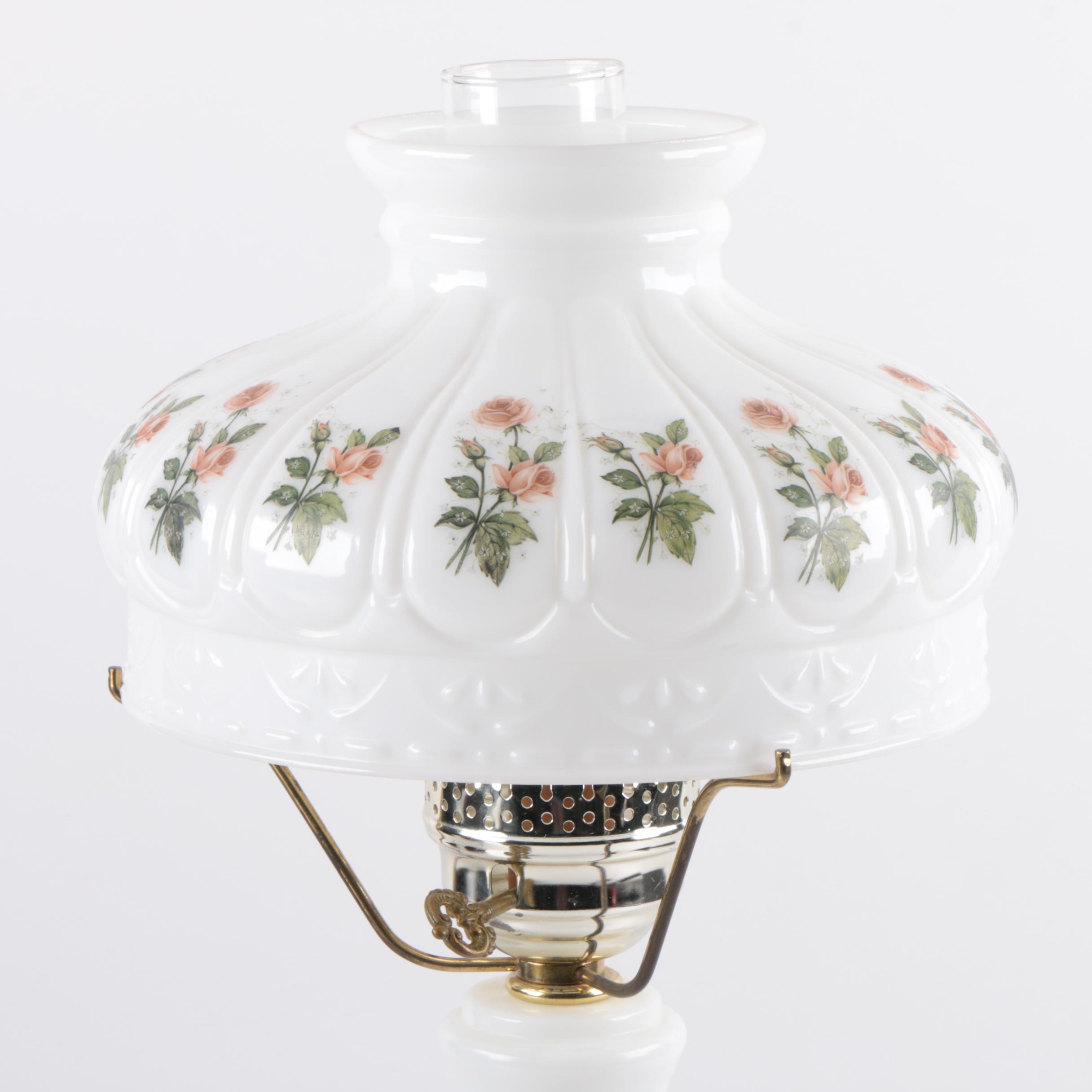 Vintage Milk Glass Printed Floral Motif Table Lamp