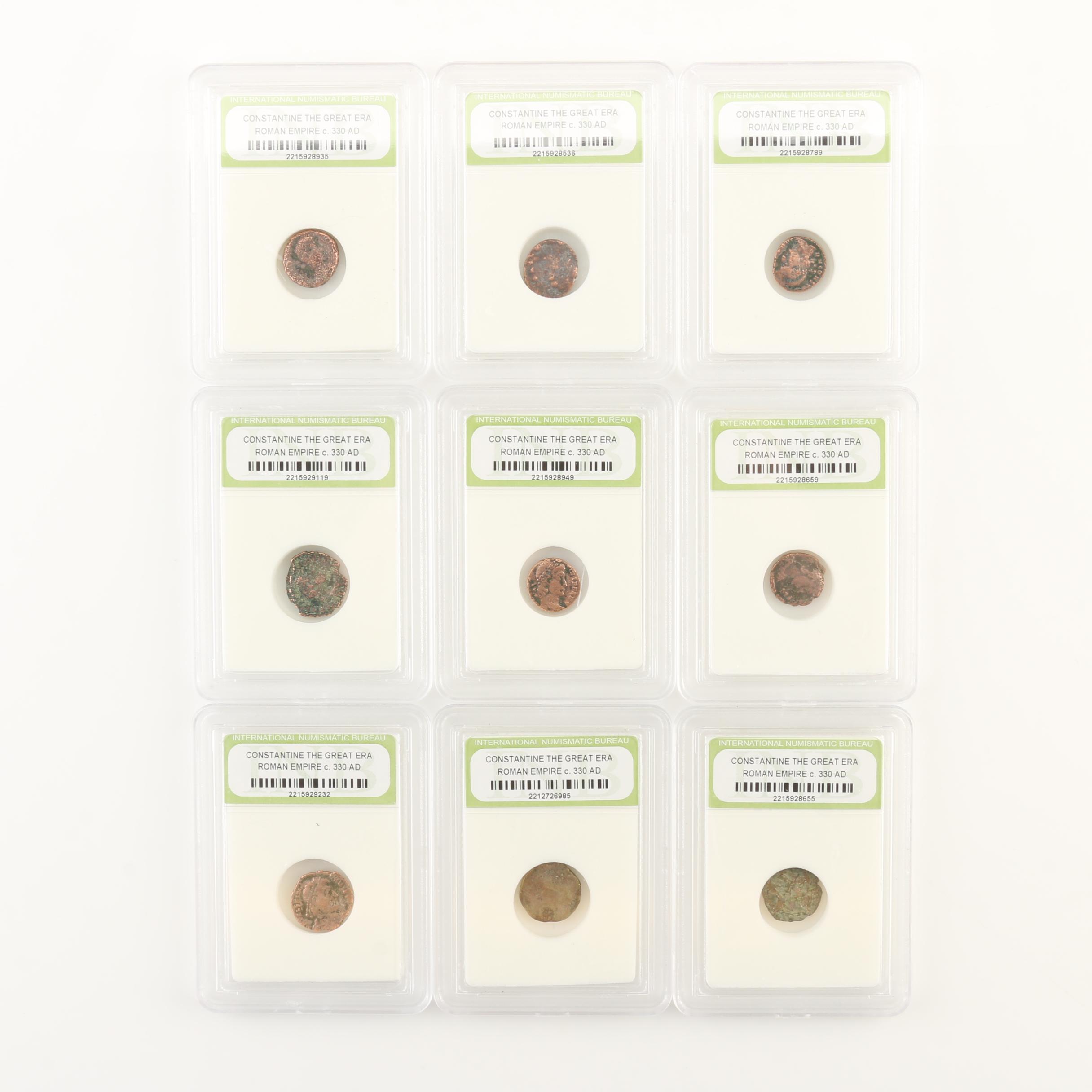 Nine Ancient Roman Imperial Bronze Coins from Constantine the Great's Era