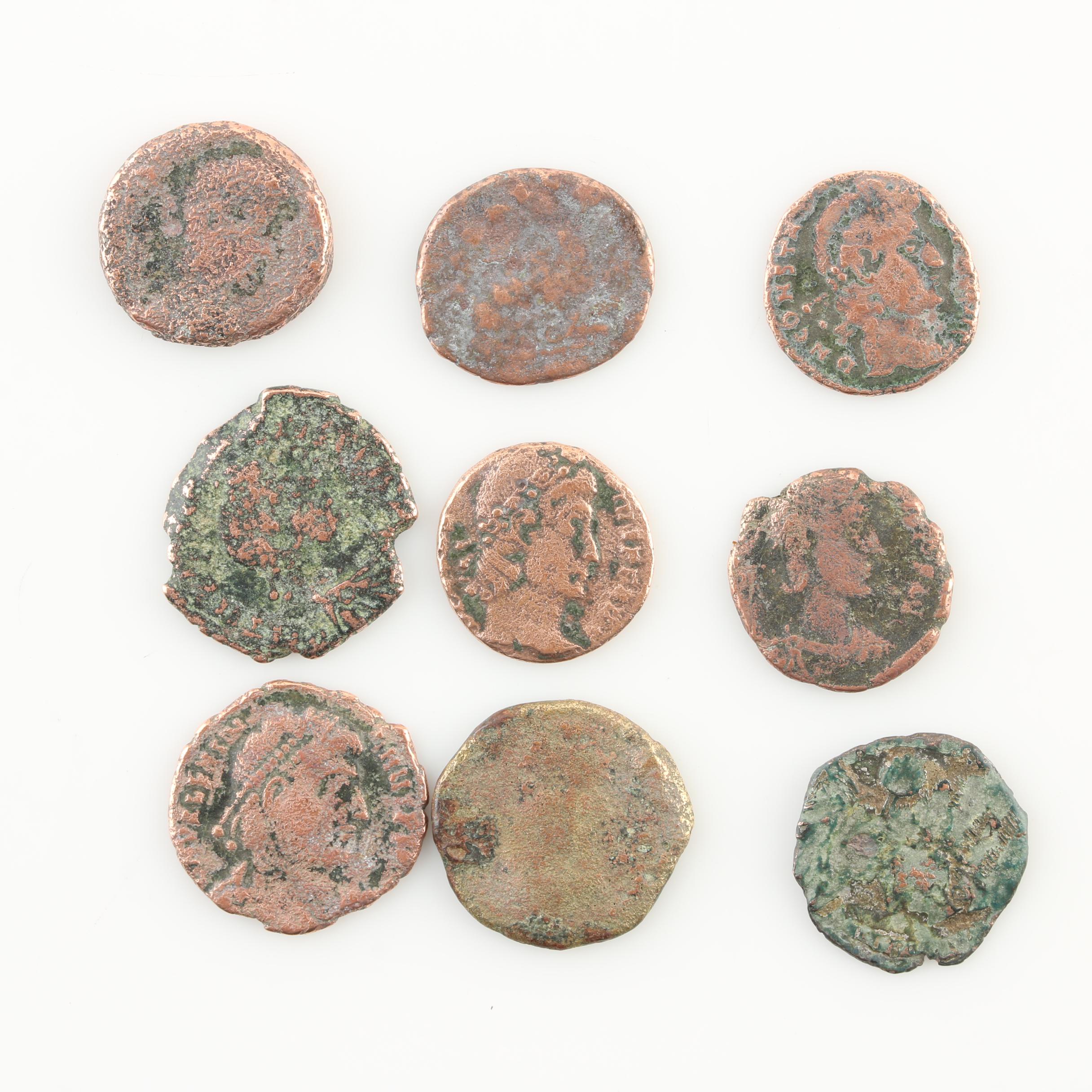 Nine Ancient Roman Imperial Bronze Coins from Constantine the Great's Era