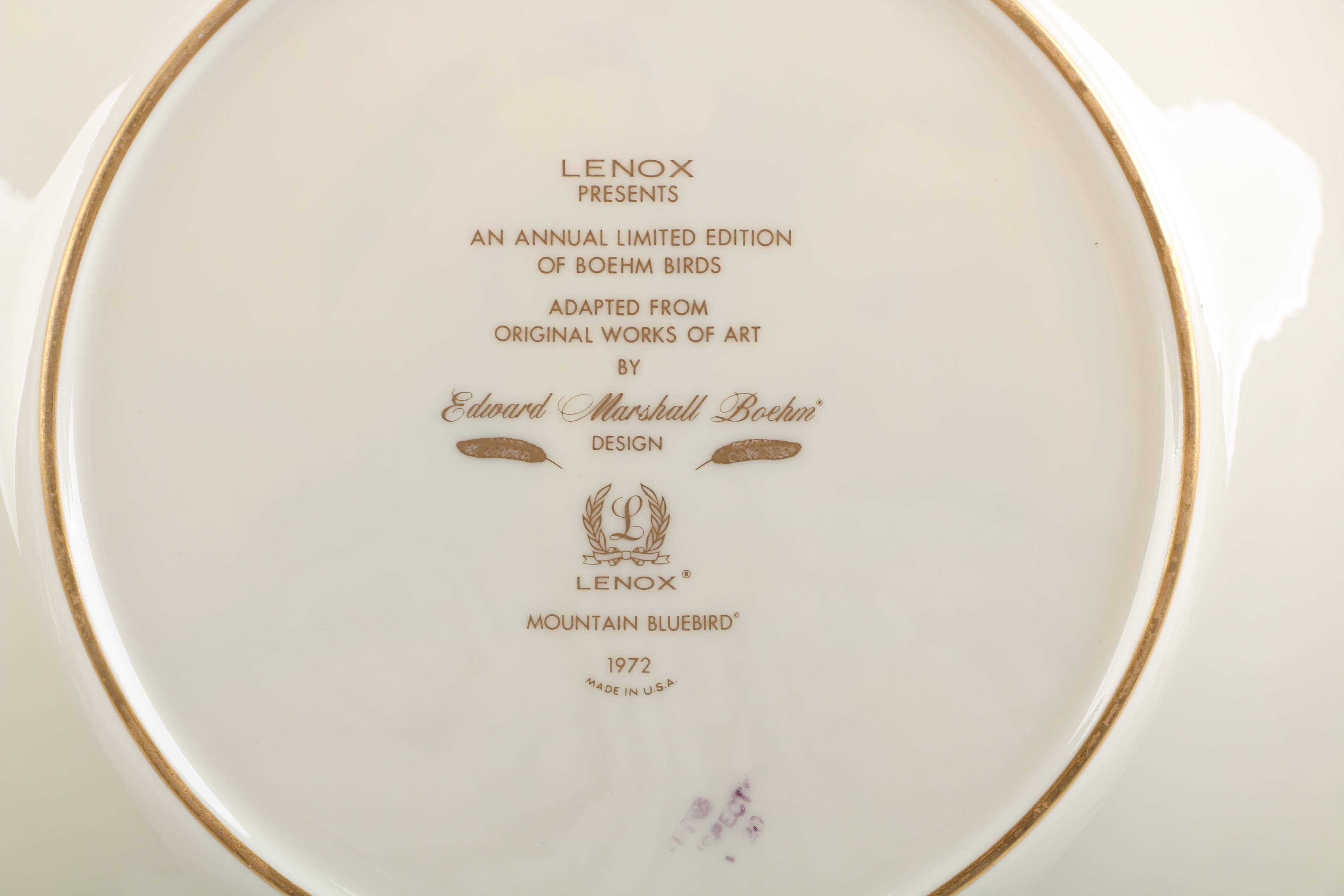 1972 Lenox Limited Edition Boehm Birds "Mountain Bluebird" Collector Plate