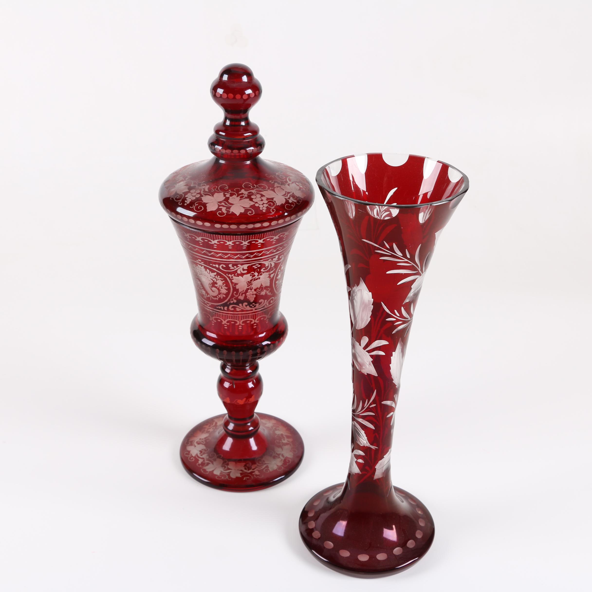 Bohemian Ruby Flash Etched to Clear Glass Covered Cup and Vase