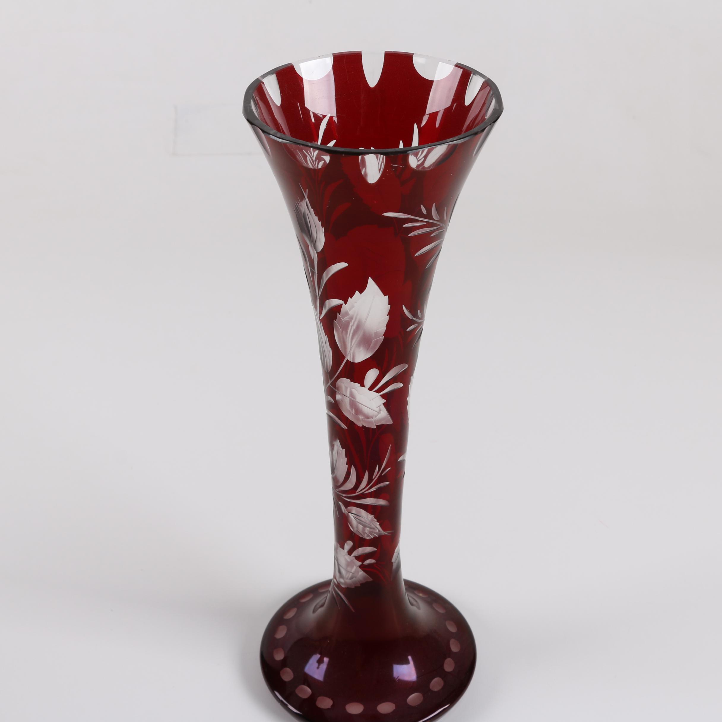 Bohemian Ruby Flash Etched to Clear Glass Covered Cup and Vase