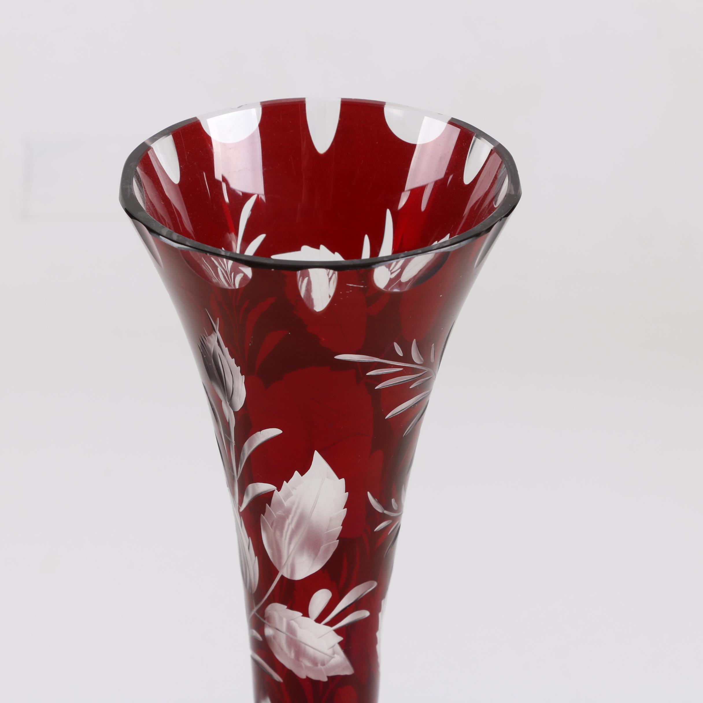 Bohemian Ruby Flash Etched to Clear Glass Covered Cup and Vase