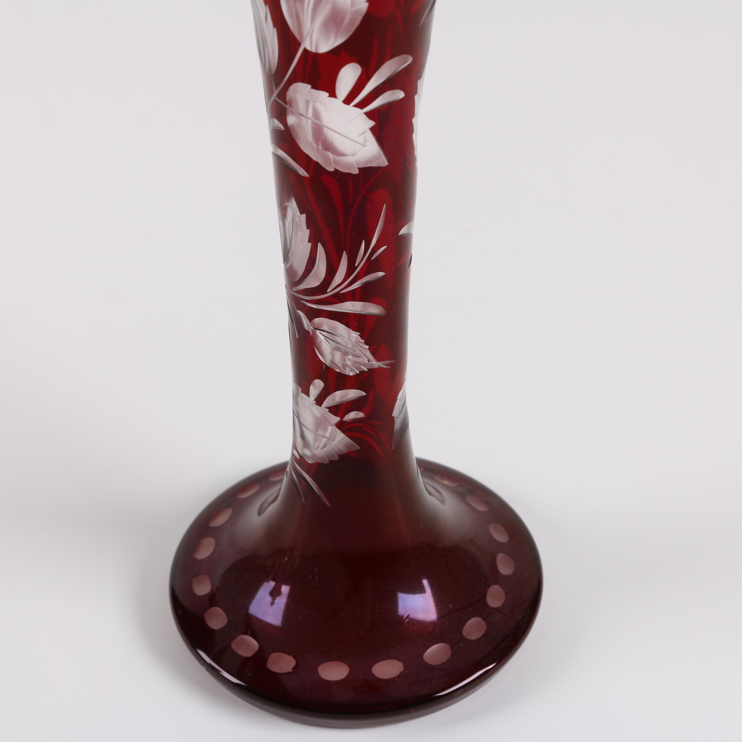 Bohemian Ruby Flash Etched to Clear Glass Covered Cup and Vase