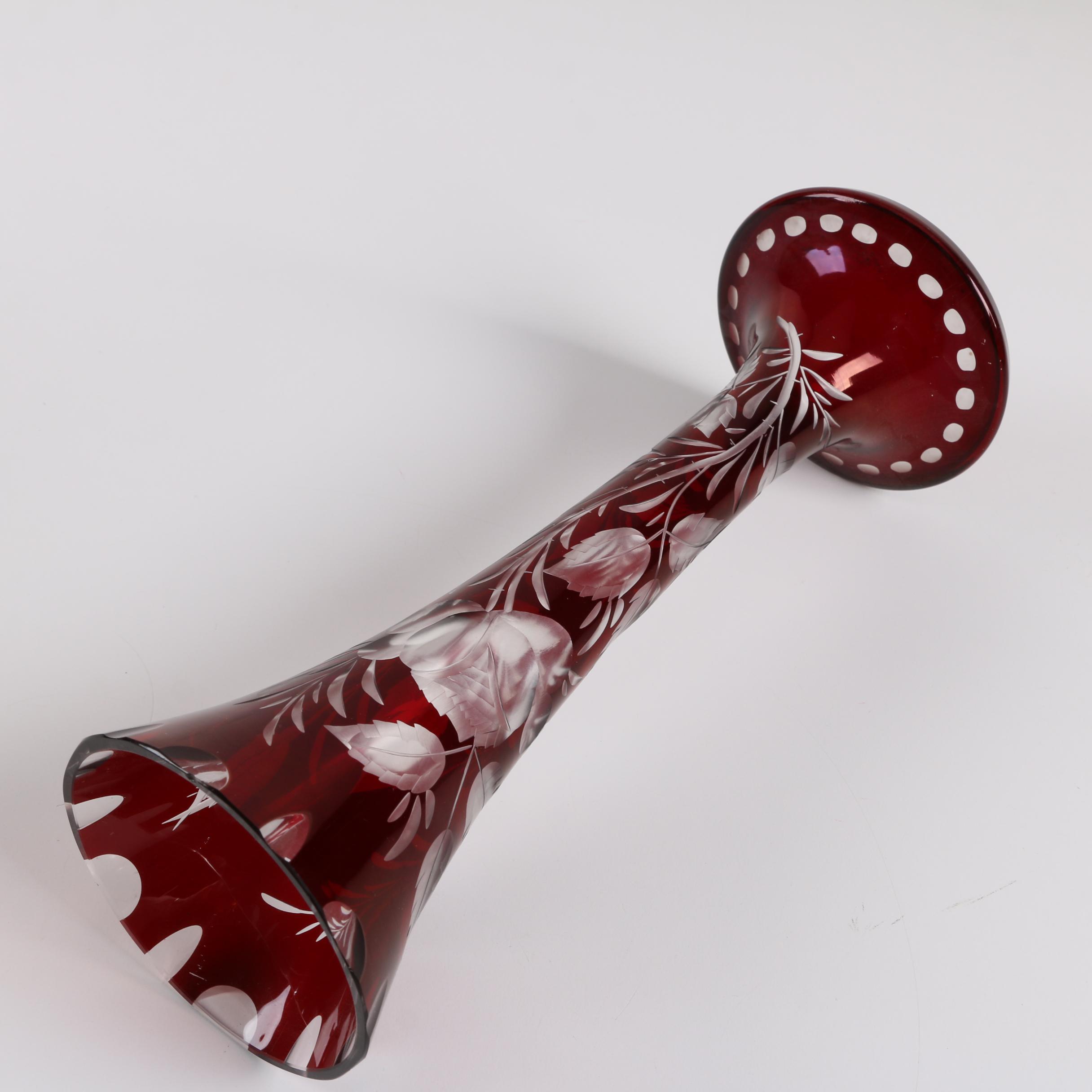 Bohemian Ruby Flash Etched to Clear Glass Covered Cup and Vase