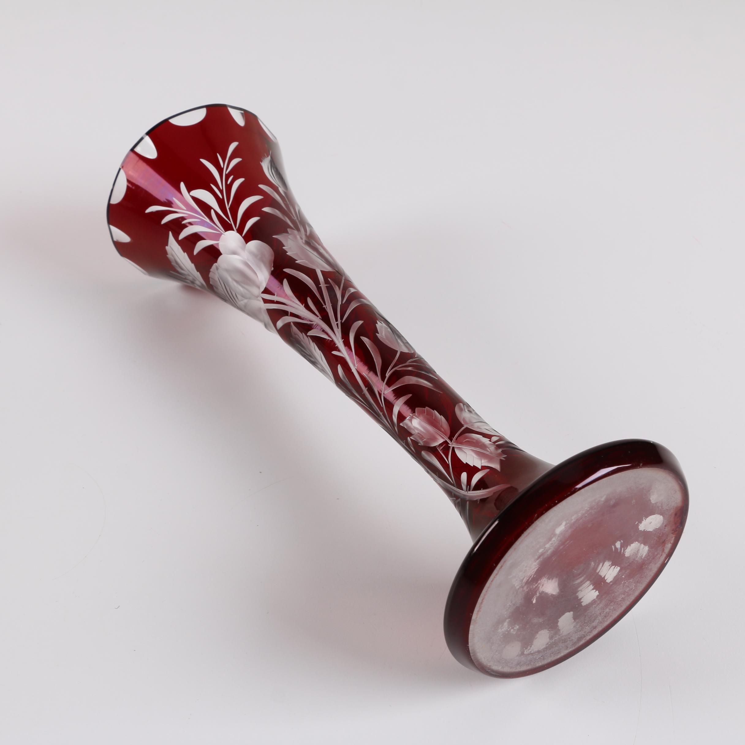 Bohemian Ruby Flash Etched to Clear Glass Covered Cup and Vase