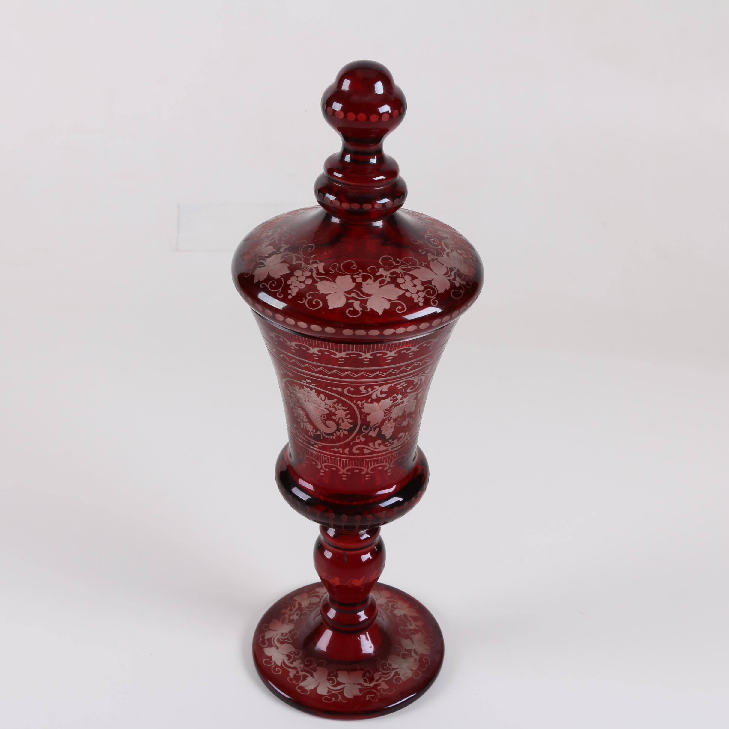 Bohemian Ruby Flash Etched to Clear Glass Covered Cup and Vase