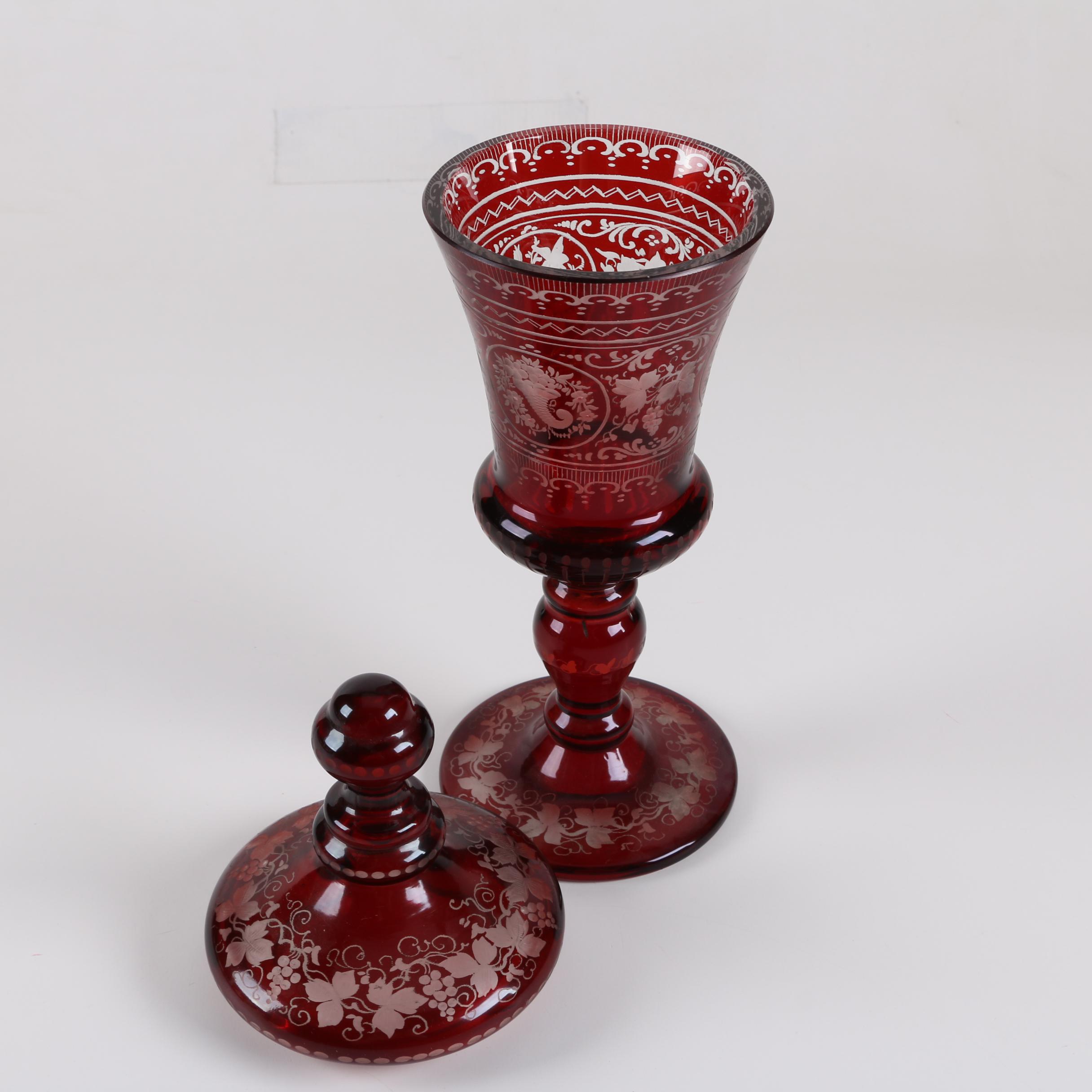 Bohemian Ruby Flash Etched to Clear Glass Covered Cup and Vase