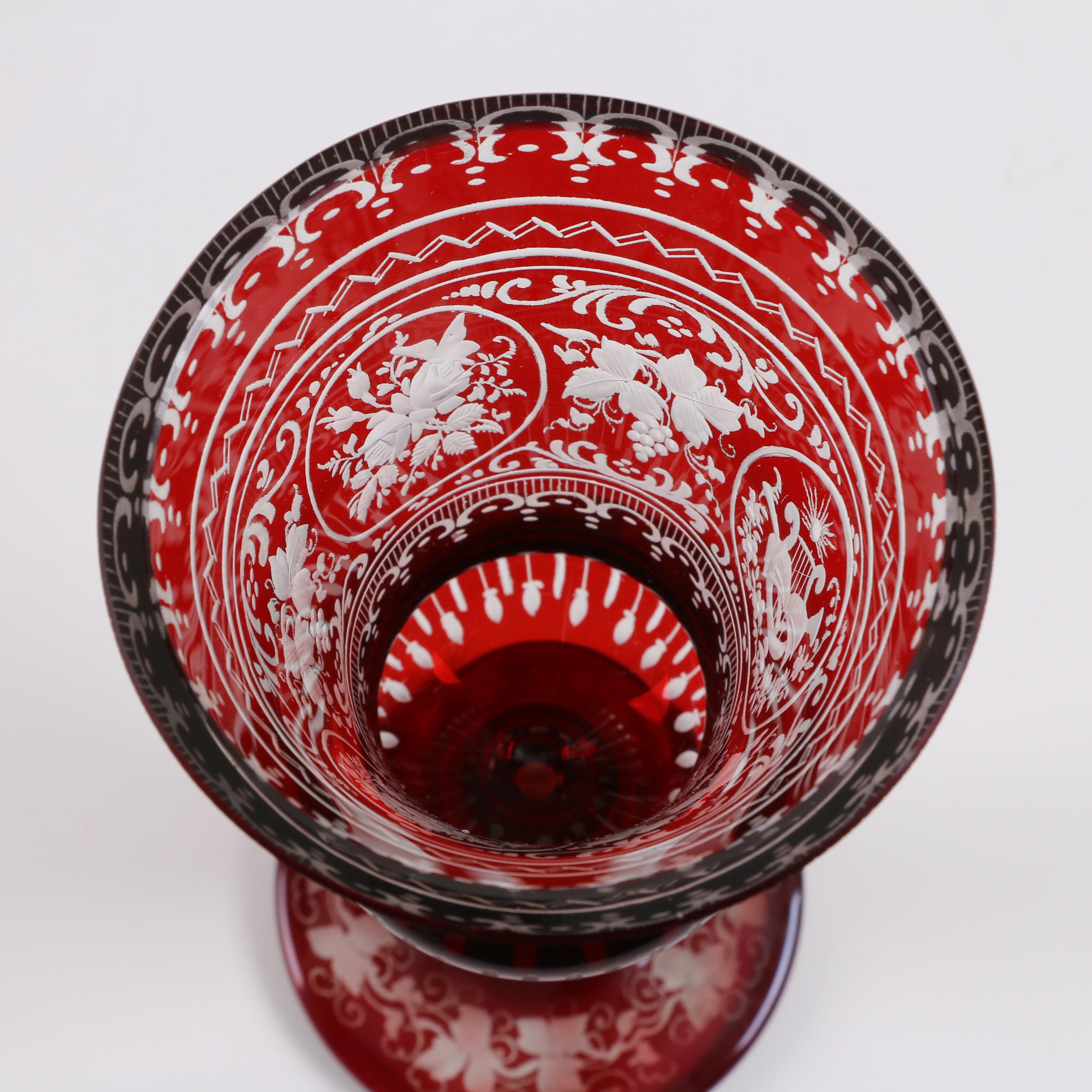 Bohemian Ruby Flash Etched to Clear Glass Covered Cup and Vase