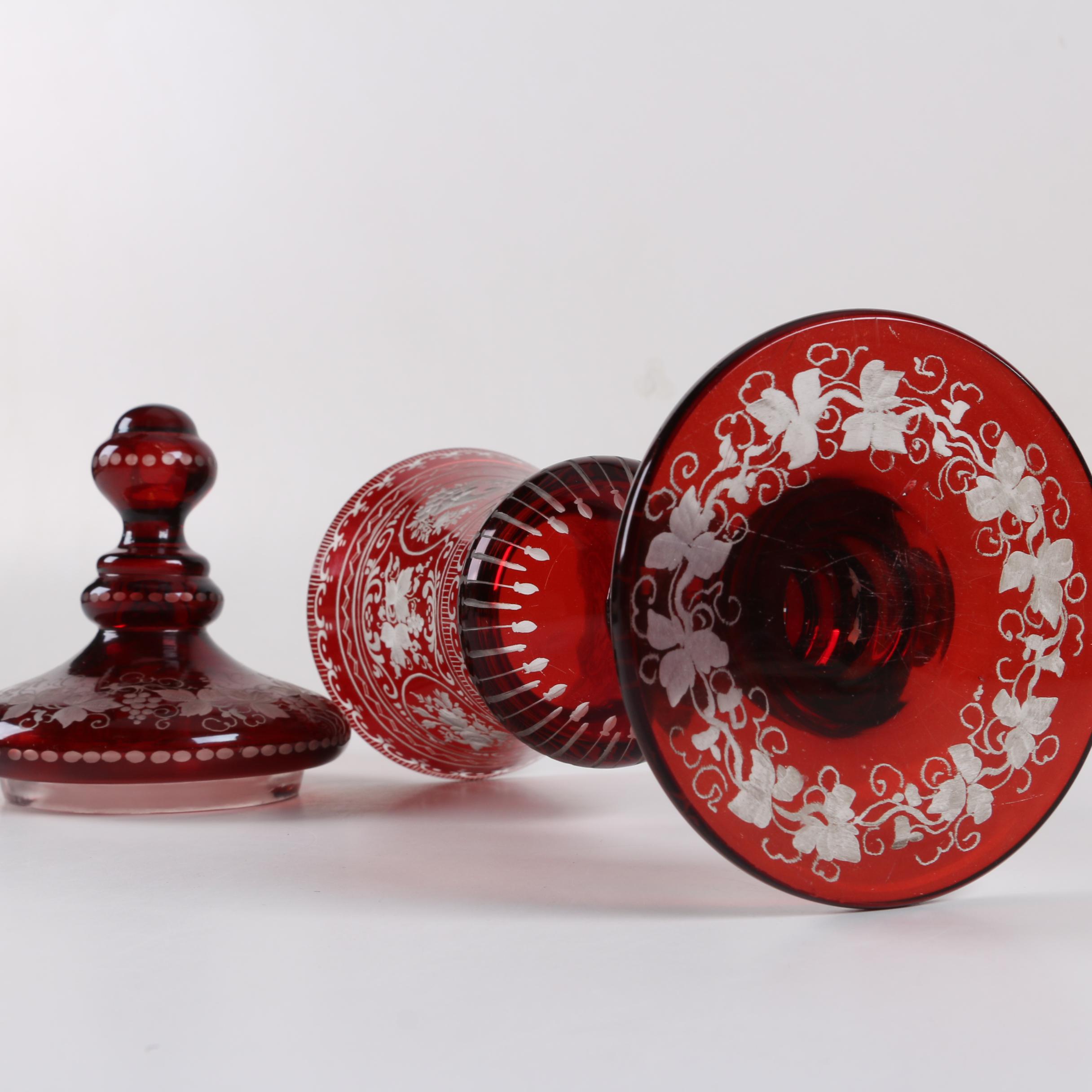 Bohemian Ruby Flash Etched to Clear Glass Covered Cup and Vase