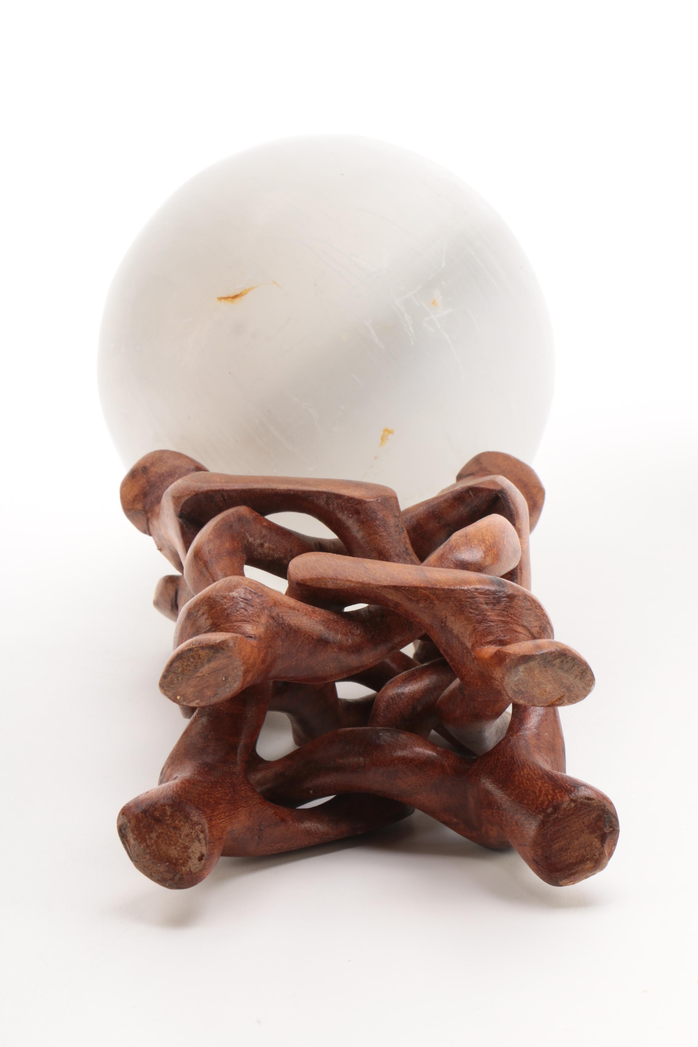 Satin Spar Sphere with Wood Stand