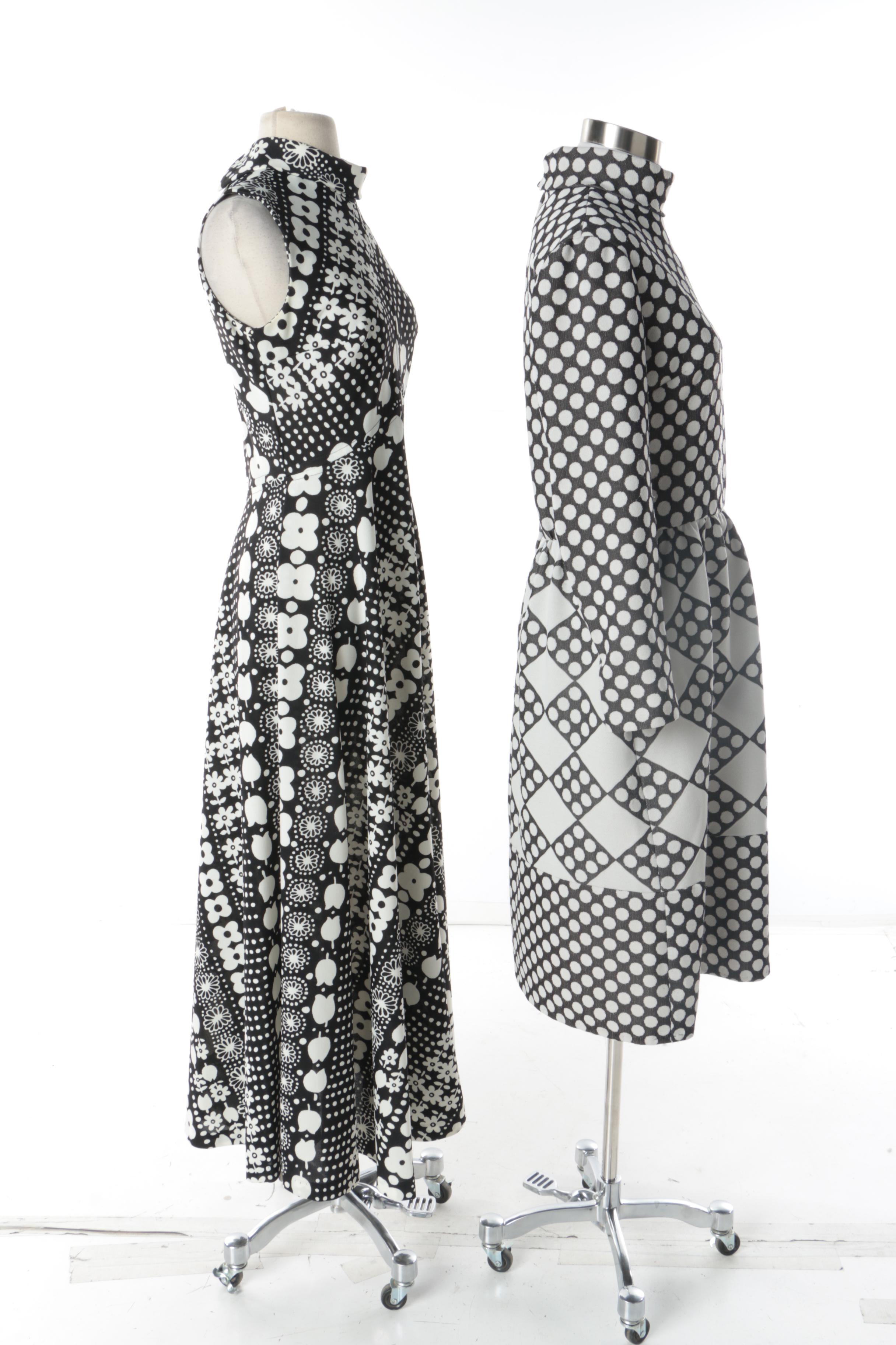 Women's Vintage Black and White Patterned Dresses
