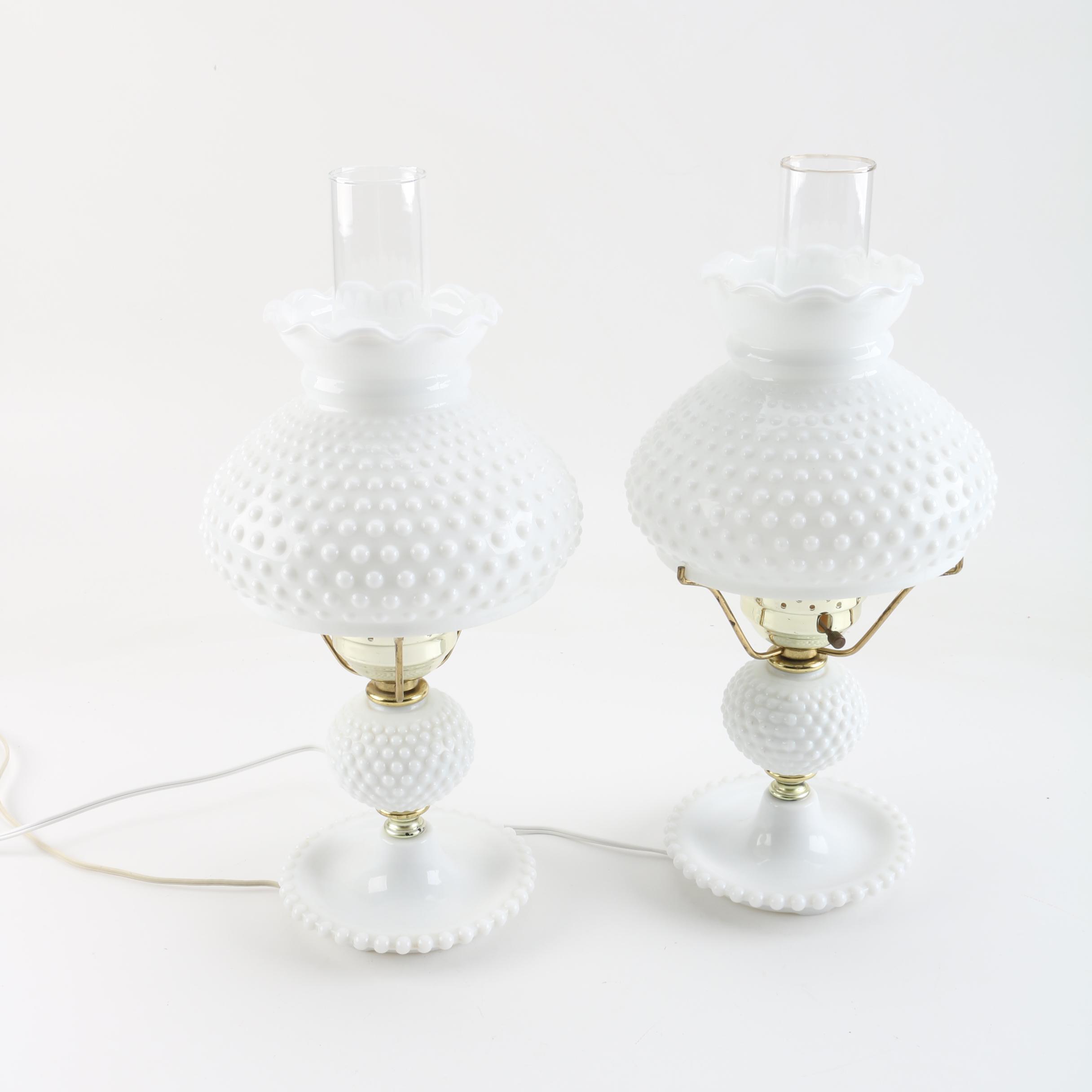 Vintage Milk Glass Hobnail Boudoir Lamps