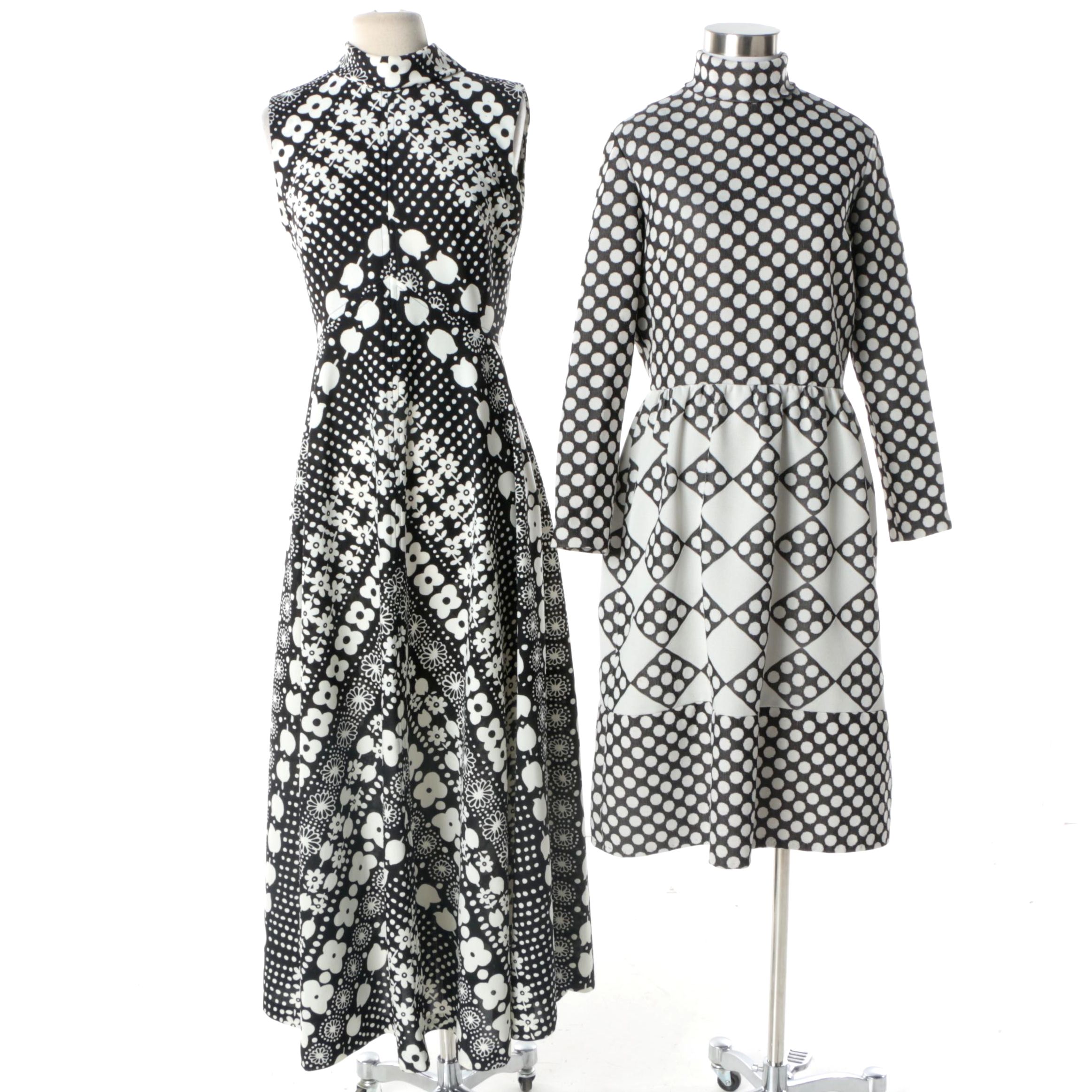 Women's Vintage Black and White Patterned Dresses