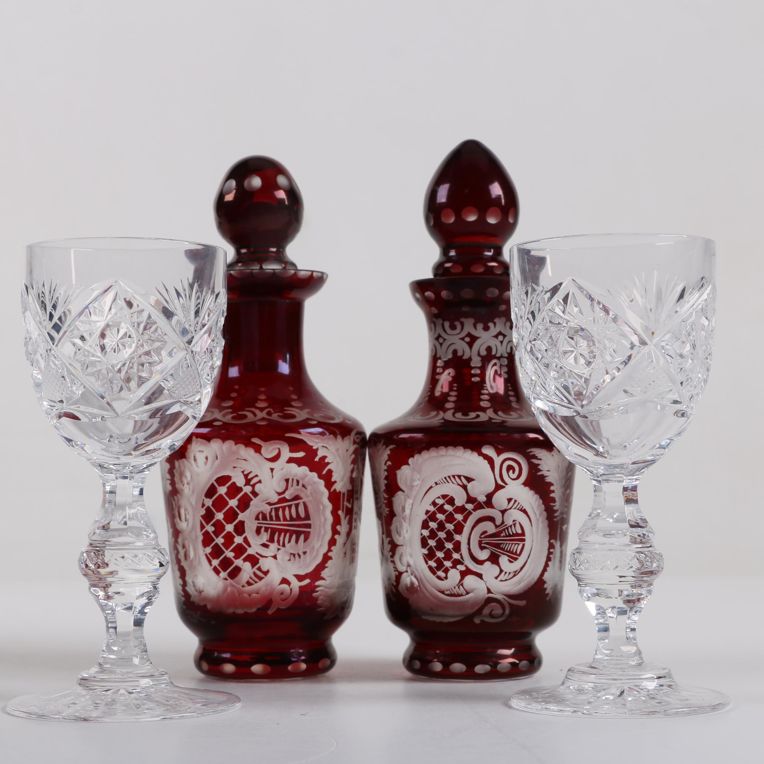 Bohemian Ruby Flashed Etched to Clear Glass Decanters with Crystal Glasses