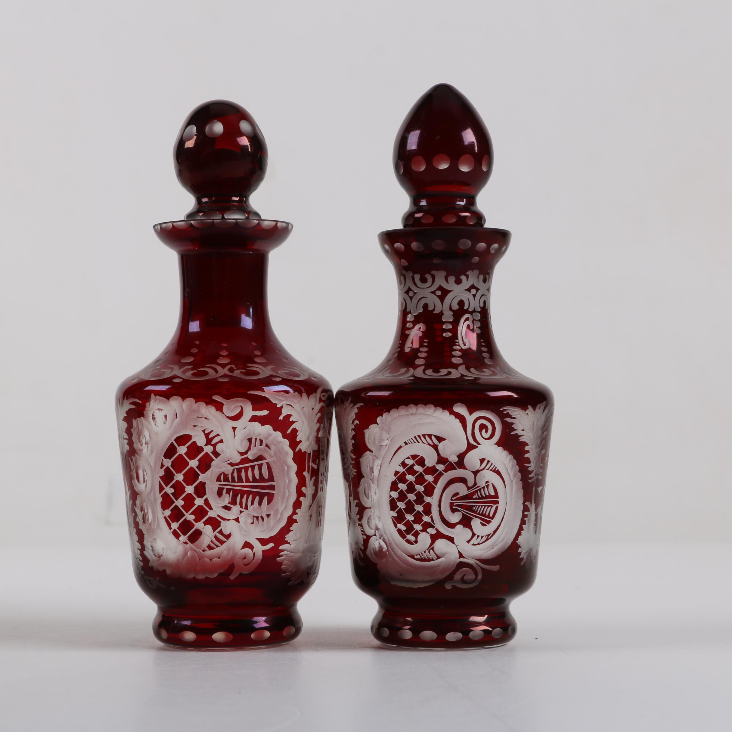 Bohemian Ruby Flashed Etched to Clear Glass Decanters with Crystal Glasses