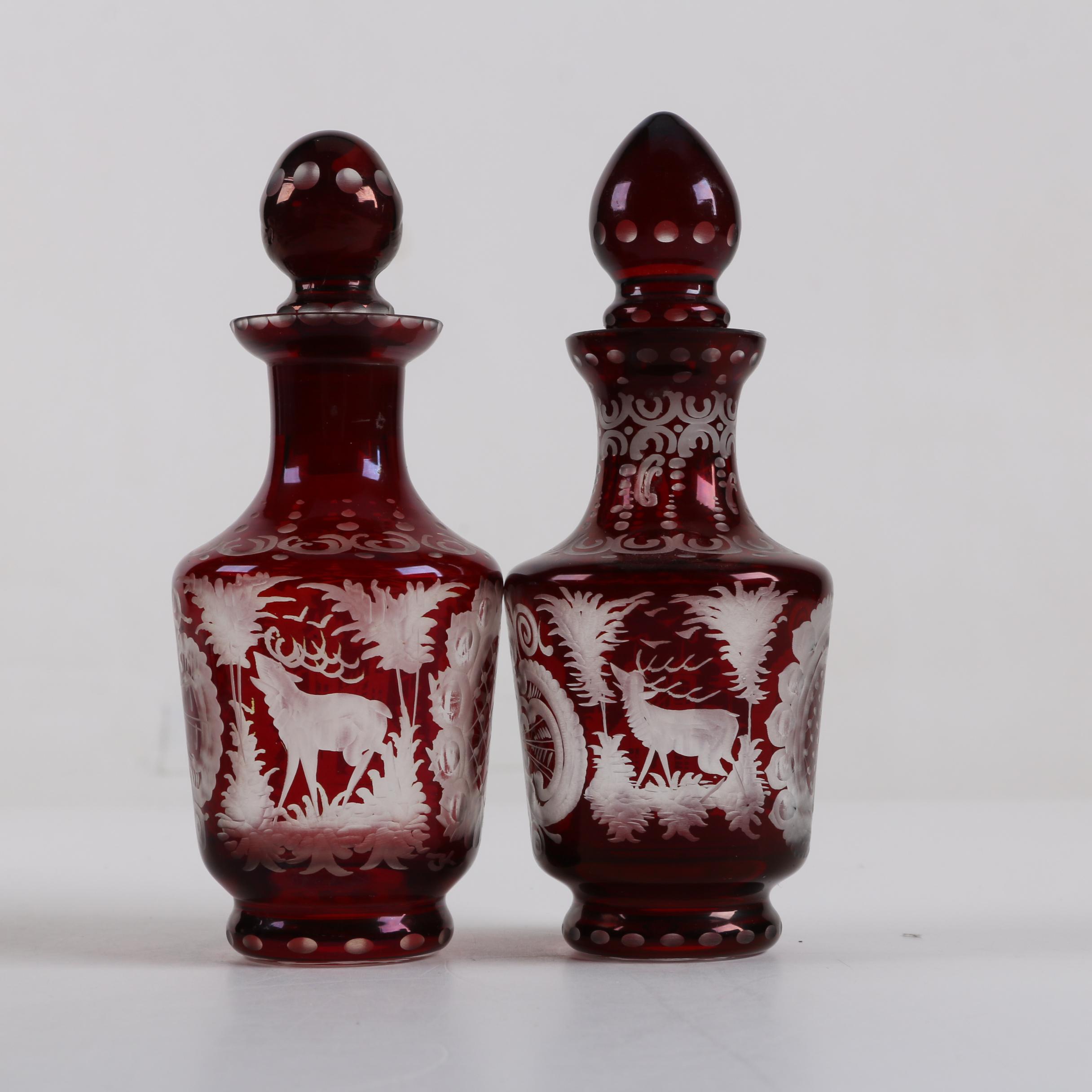 Bohemian Ruby Flashed Etched to Clear Glass Decanters with Crystal Glasses