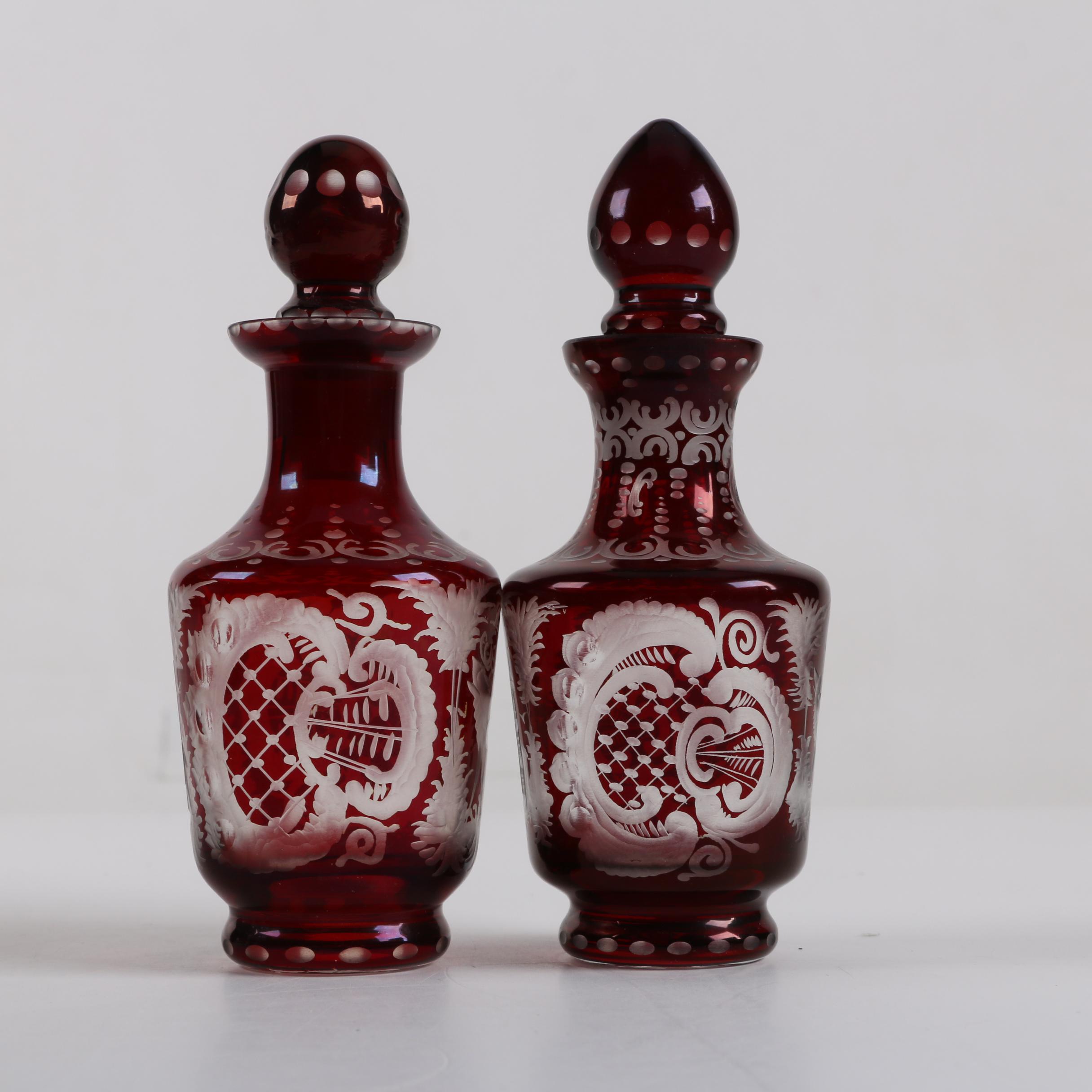 Bohemian Ruby Flashed Etched to Clear Glass Decanters with Crystal Glasses