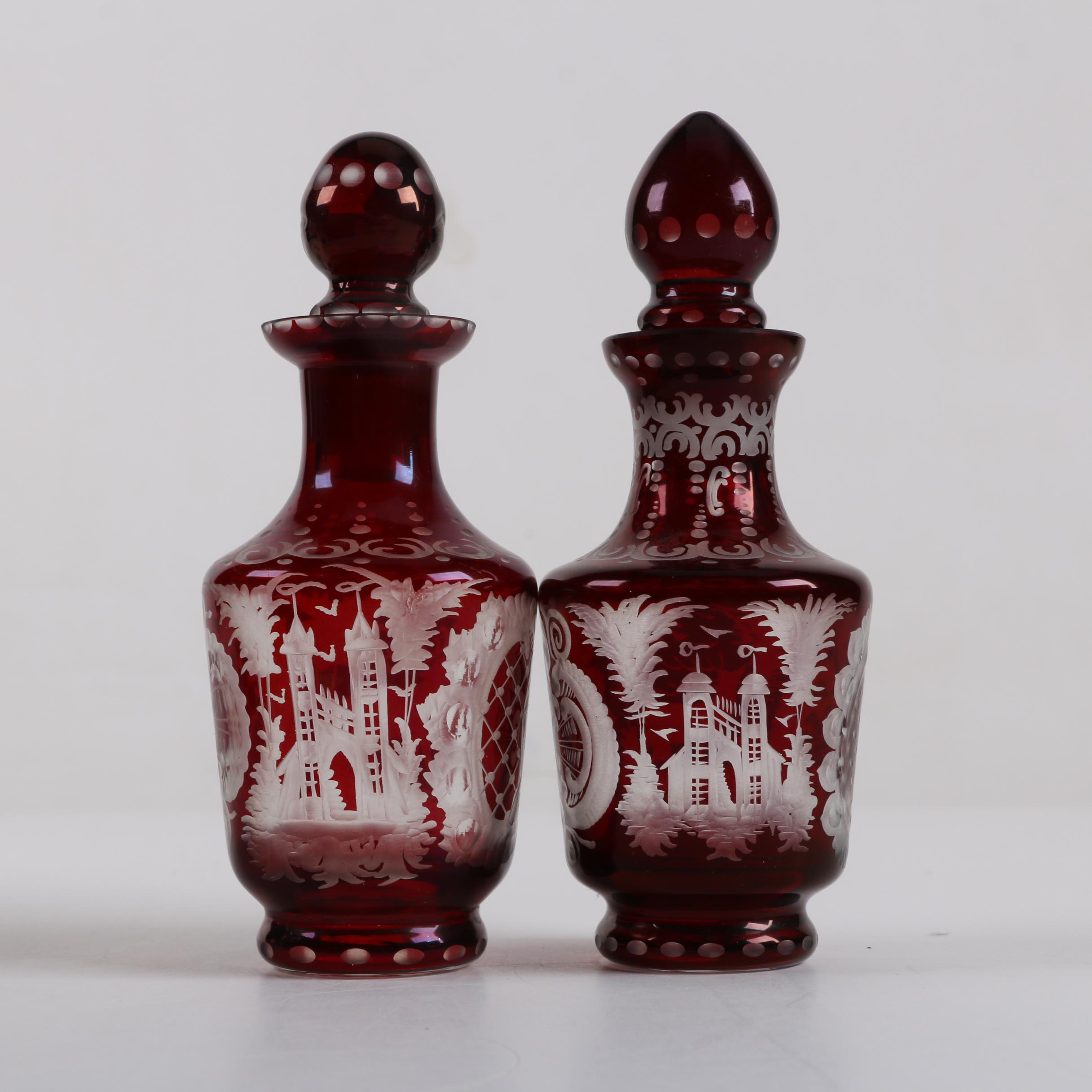 Bohemian Ruby Flashed Etched to Clear Glass Decanters with Crystal Glasses