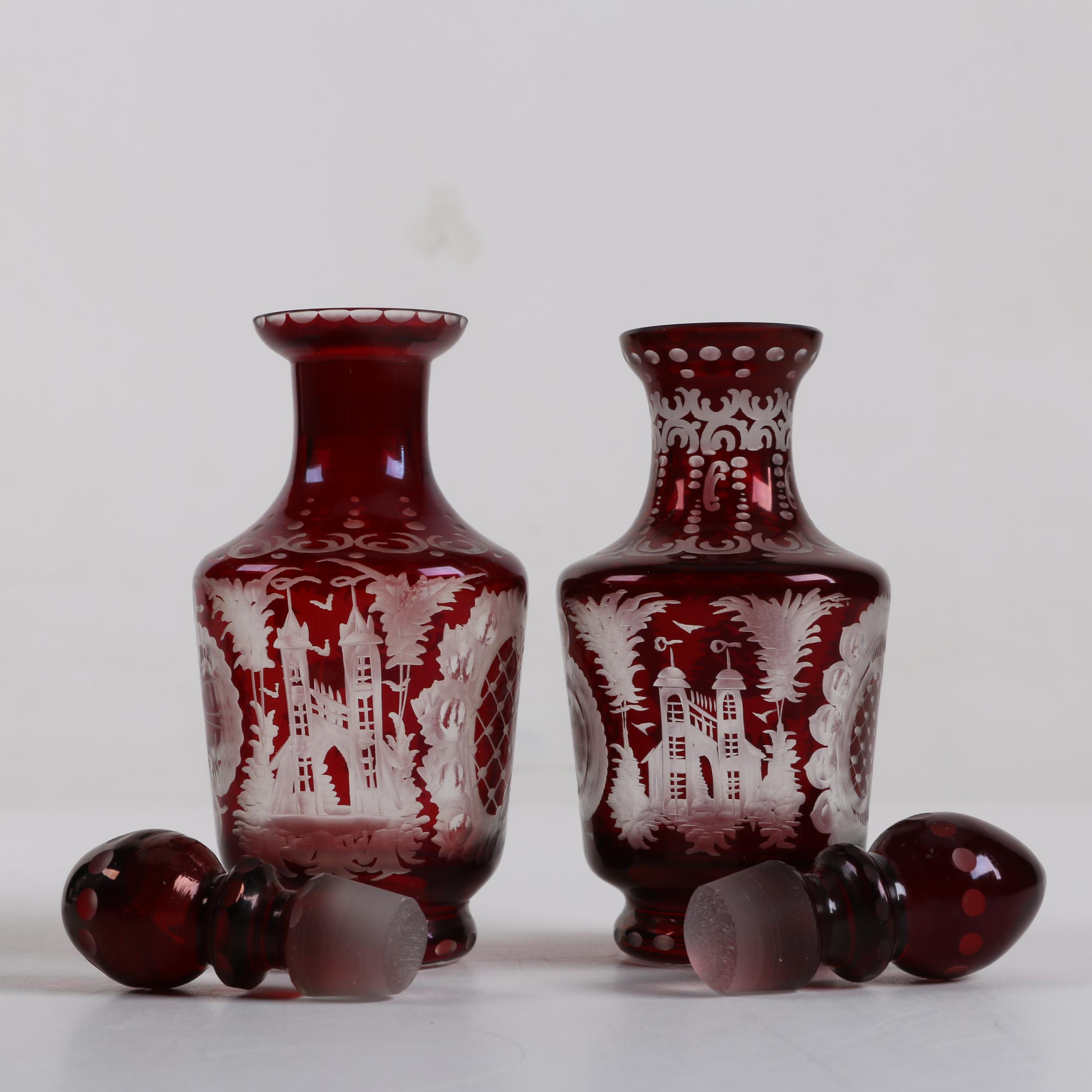 Bohemian Ruby Flashed Etched to Clear Glass Decanters with Crystal Glasses