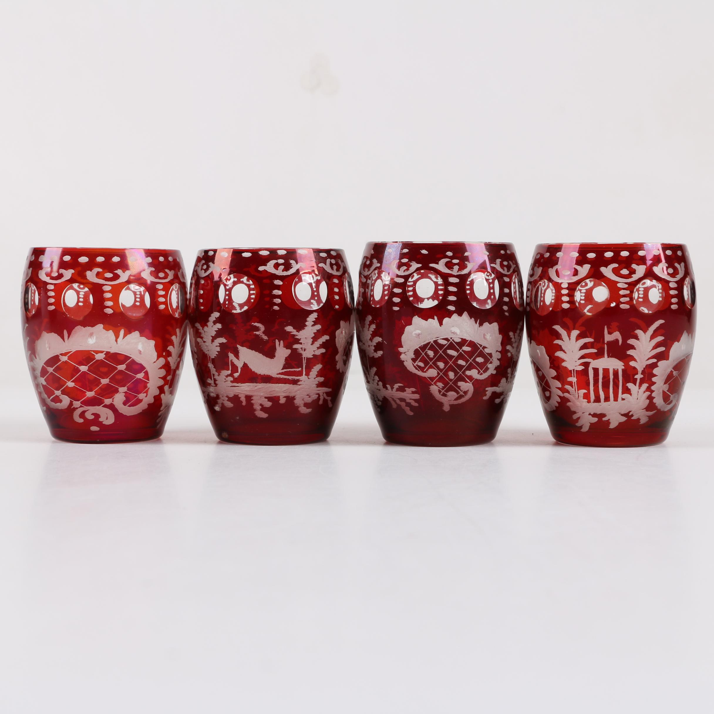 Antique Bohemian Ruby Flashed Etched To Clear Decanter and Tumblers