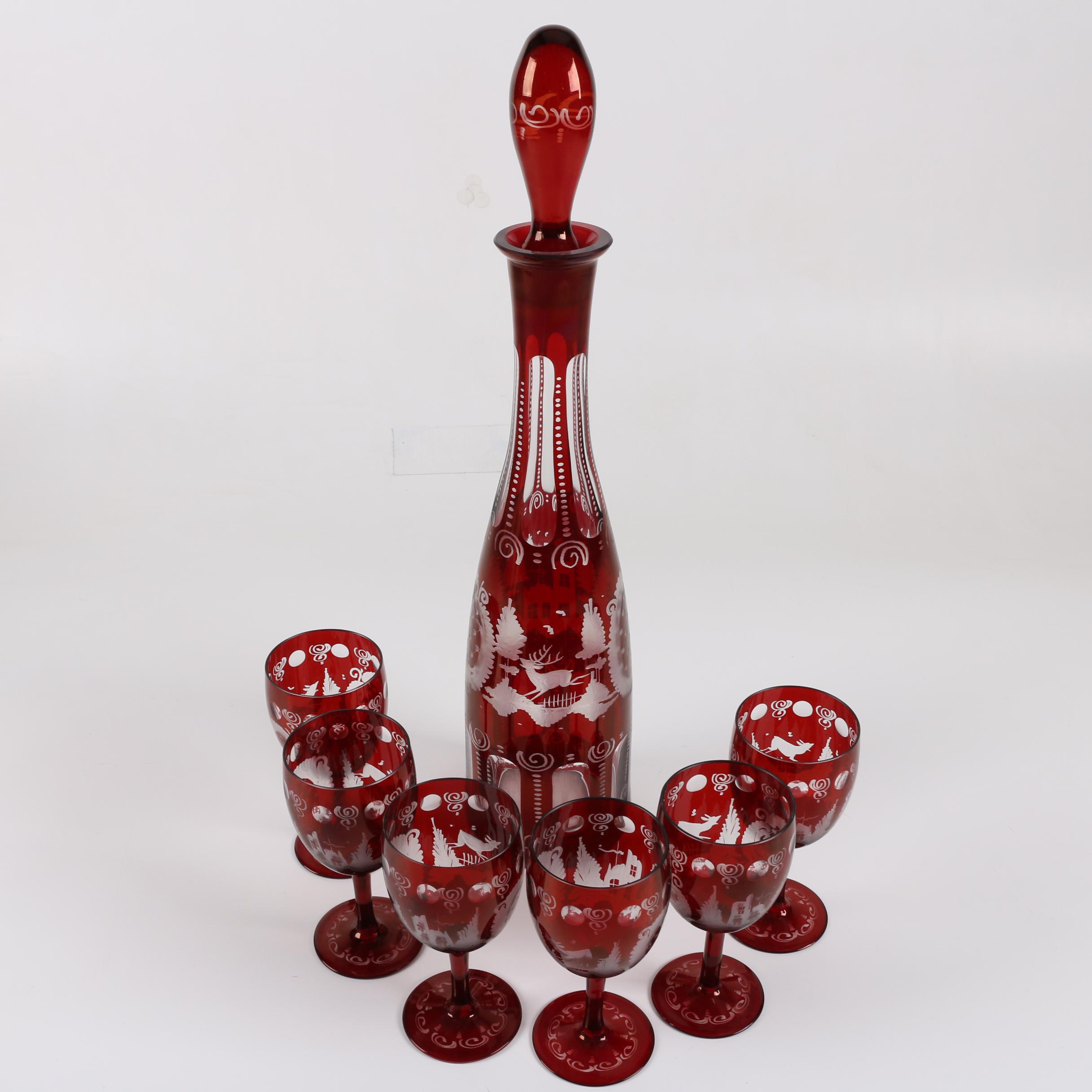 Antique Bohemian Ruby Flashed Etched to Clear Decanter and Goblets