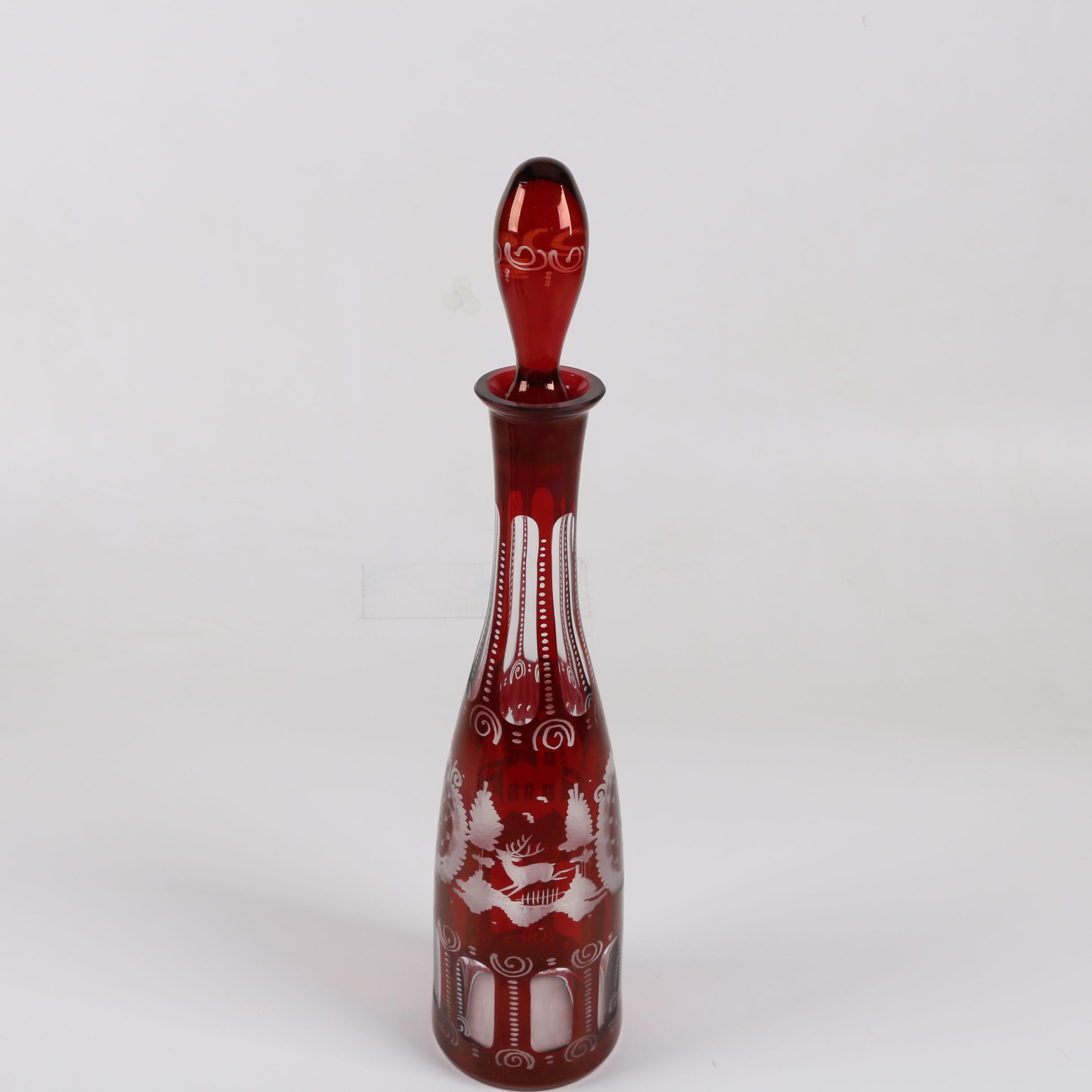 Antique Bohemian Ruby Flashed Etched to Clear Decanter and Goblets