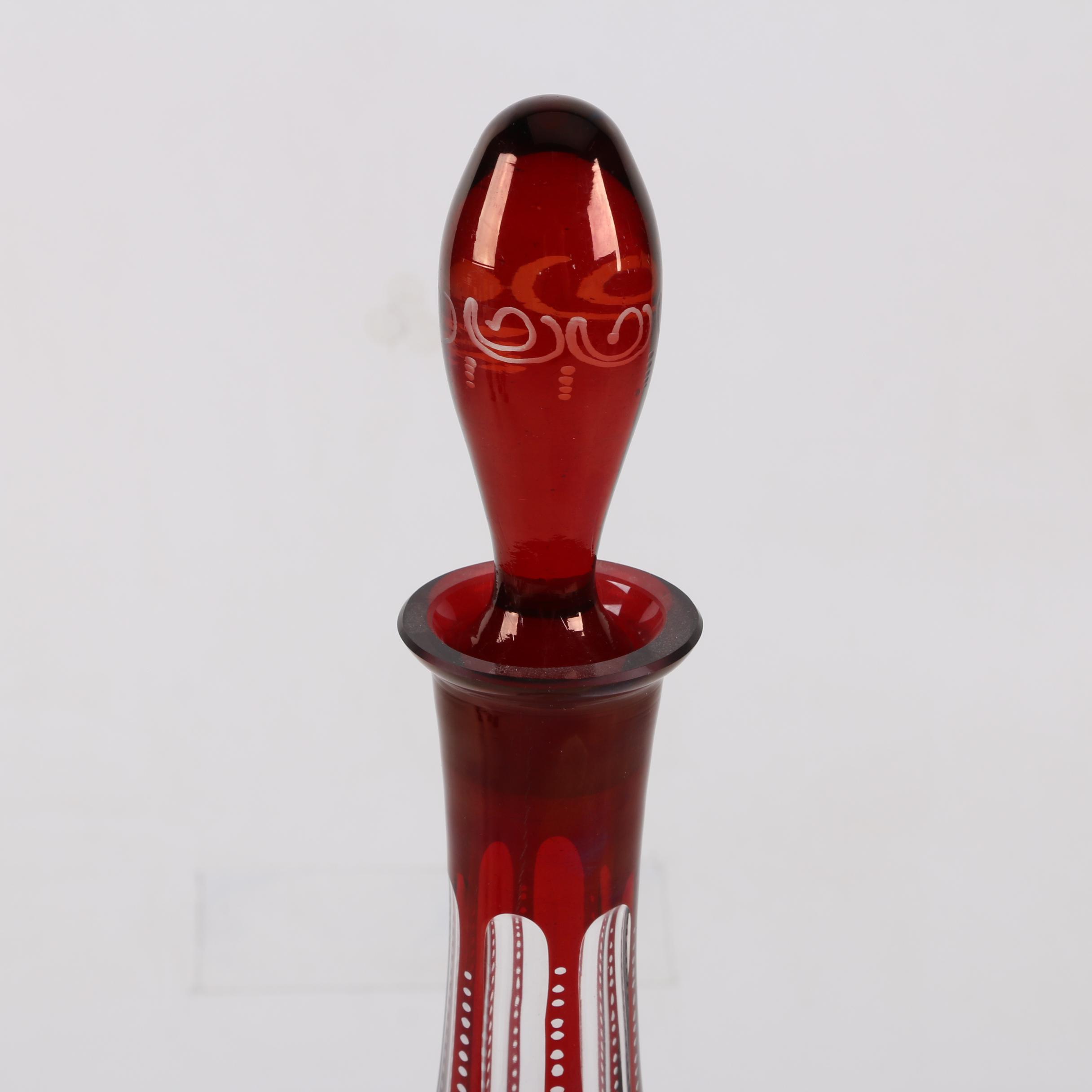 Antique Bohemian Ruby Flashed Etched to Clear Decanter and Goblets