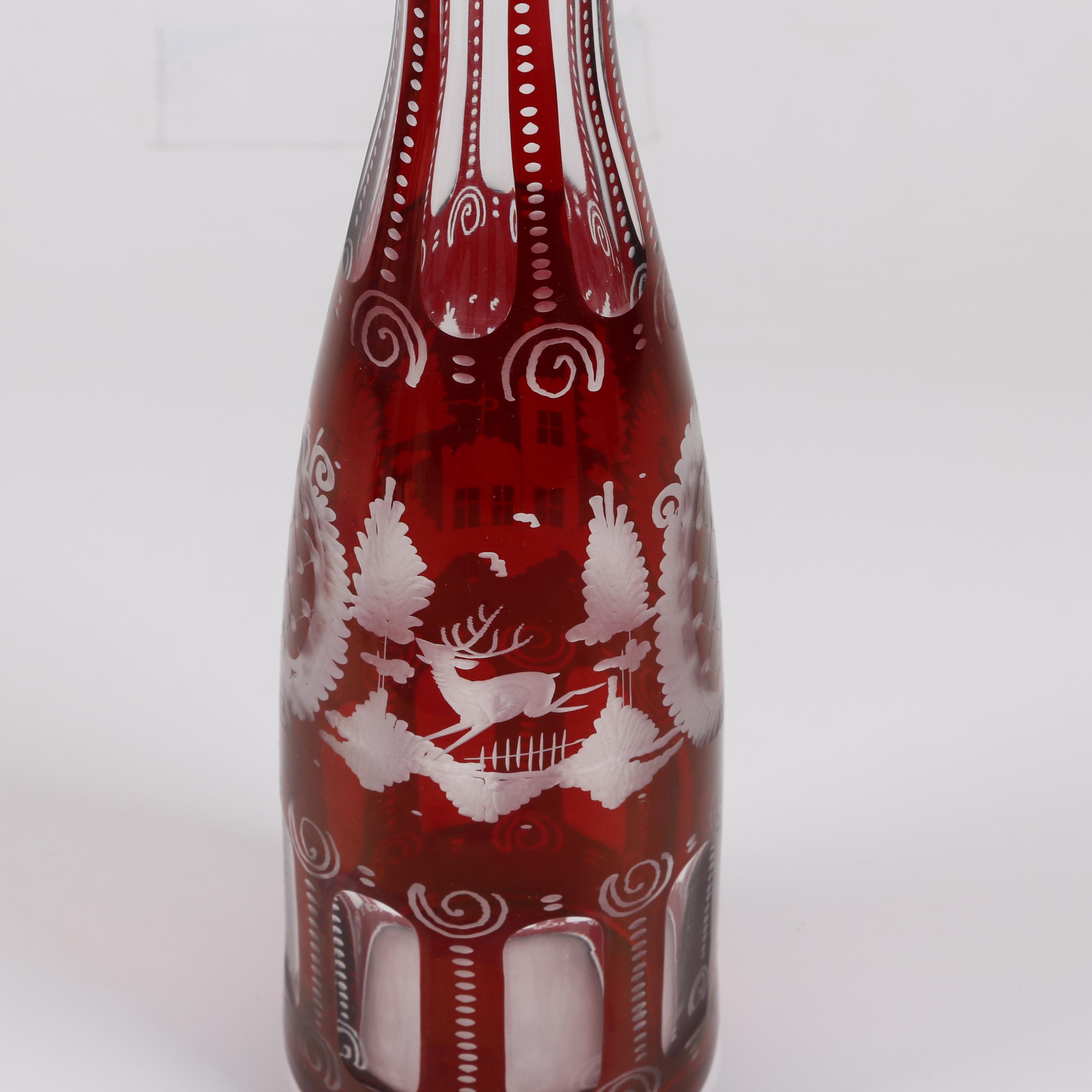 Antique Bohemian Ruby Flashed Etched to Clear Decanter and Goblets