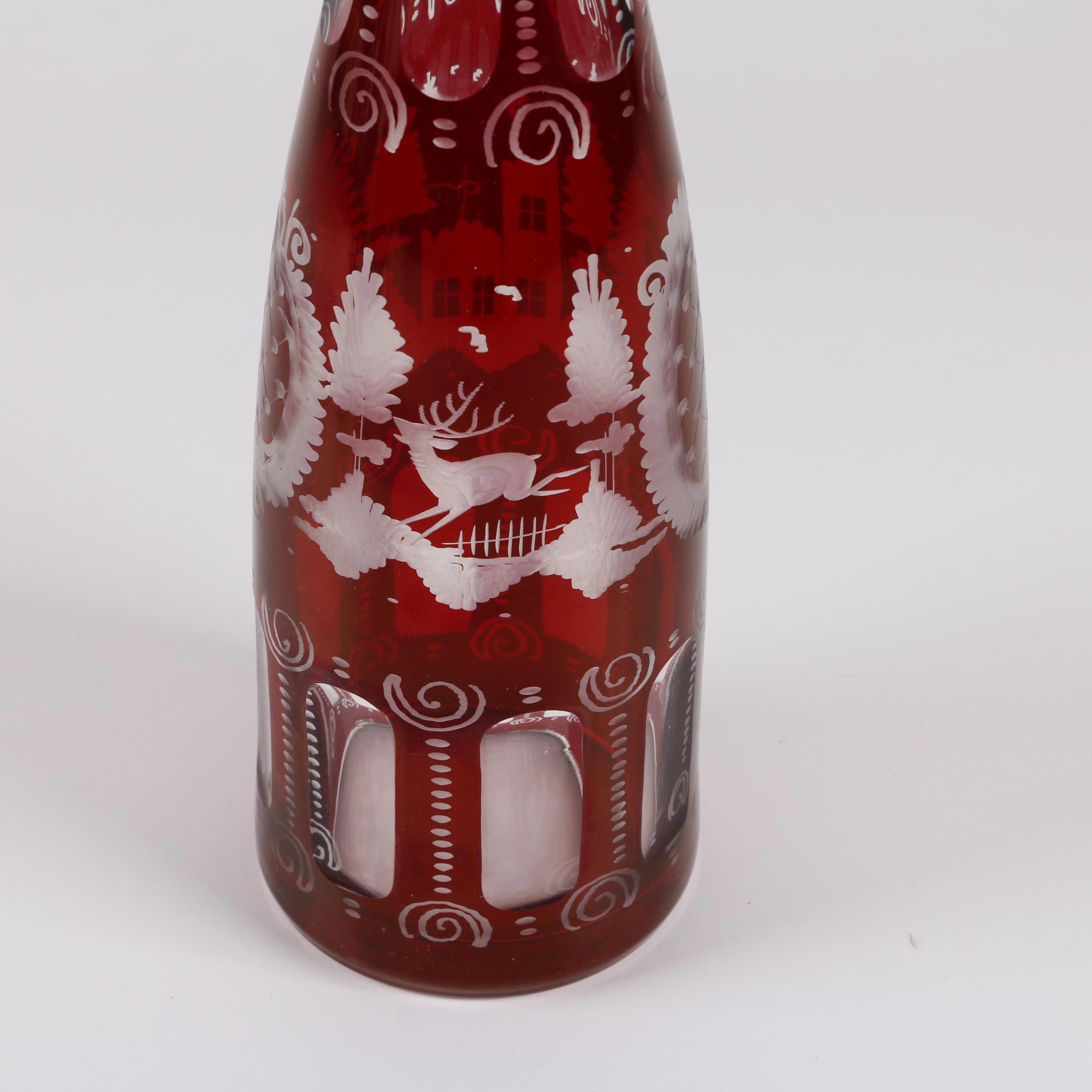 Antique Bohemian Ruby Flashed Etched to Clear Decanter and Goblets