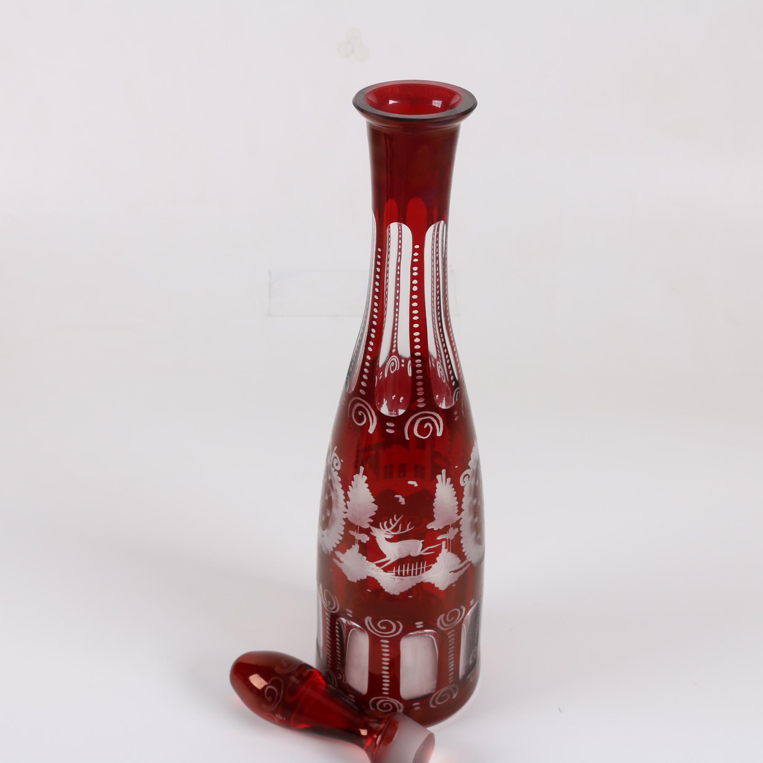 Antique Bohemian Ruby Flashed Etched to Clear Decanter and Goblets