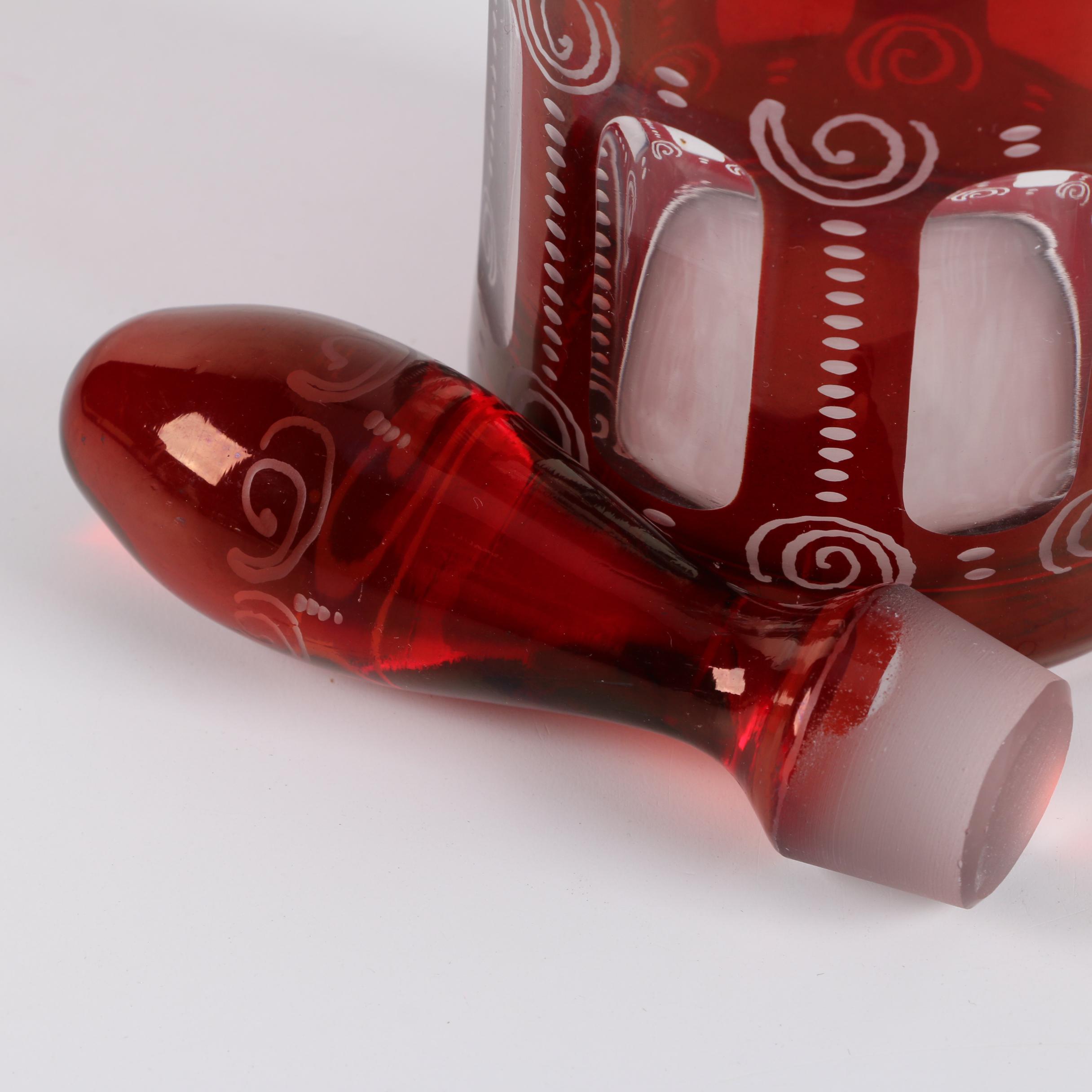 Antique Bohemian Ruby Flashed Etched to Clear Decanter and Goblets