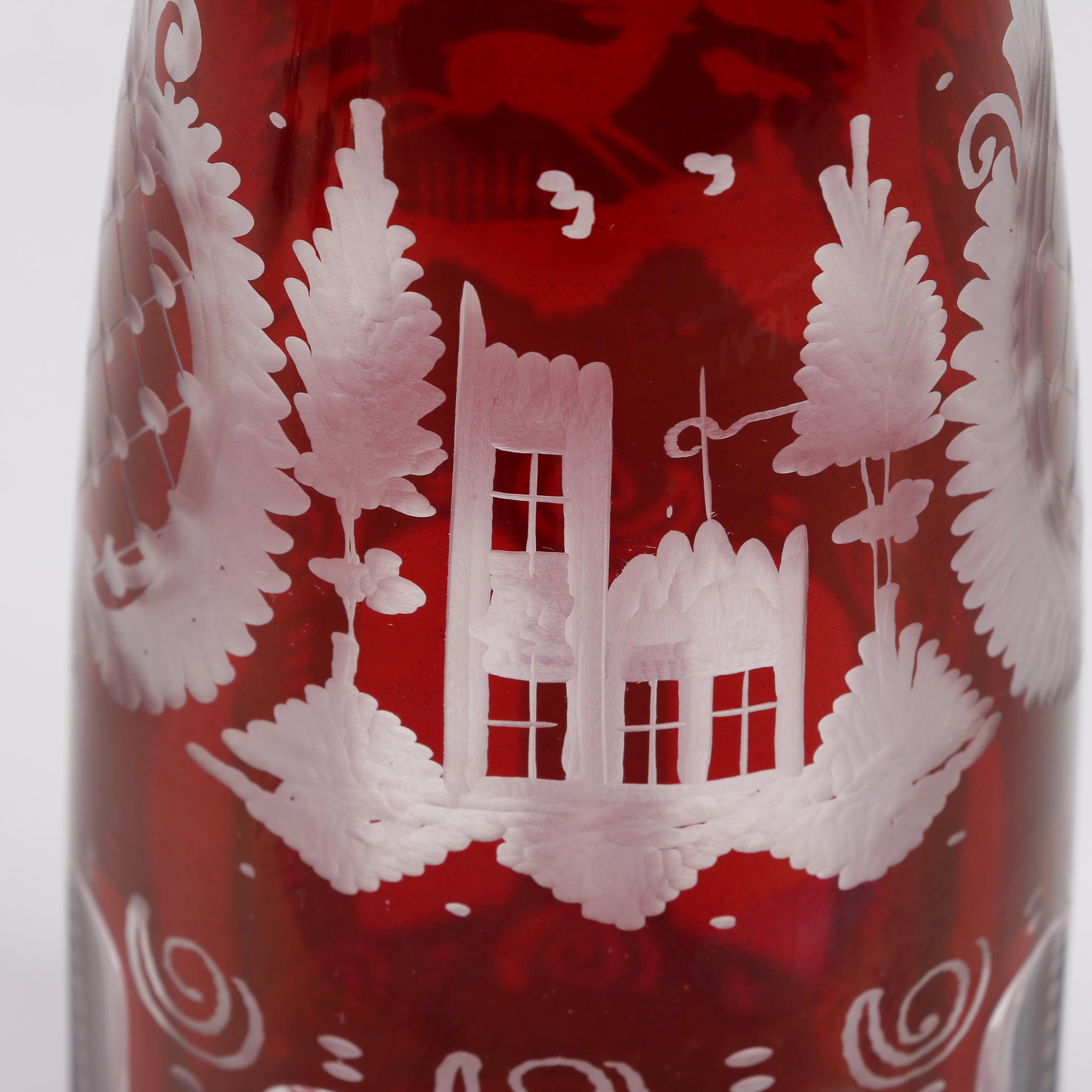 Antique Bohemian Ruby Flashed Etched to Clear Decanter and Goblets